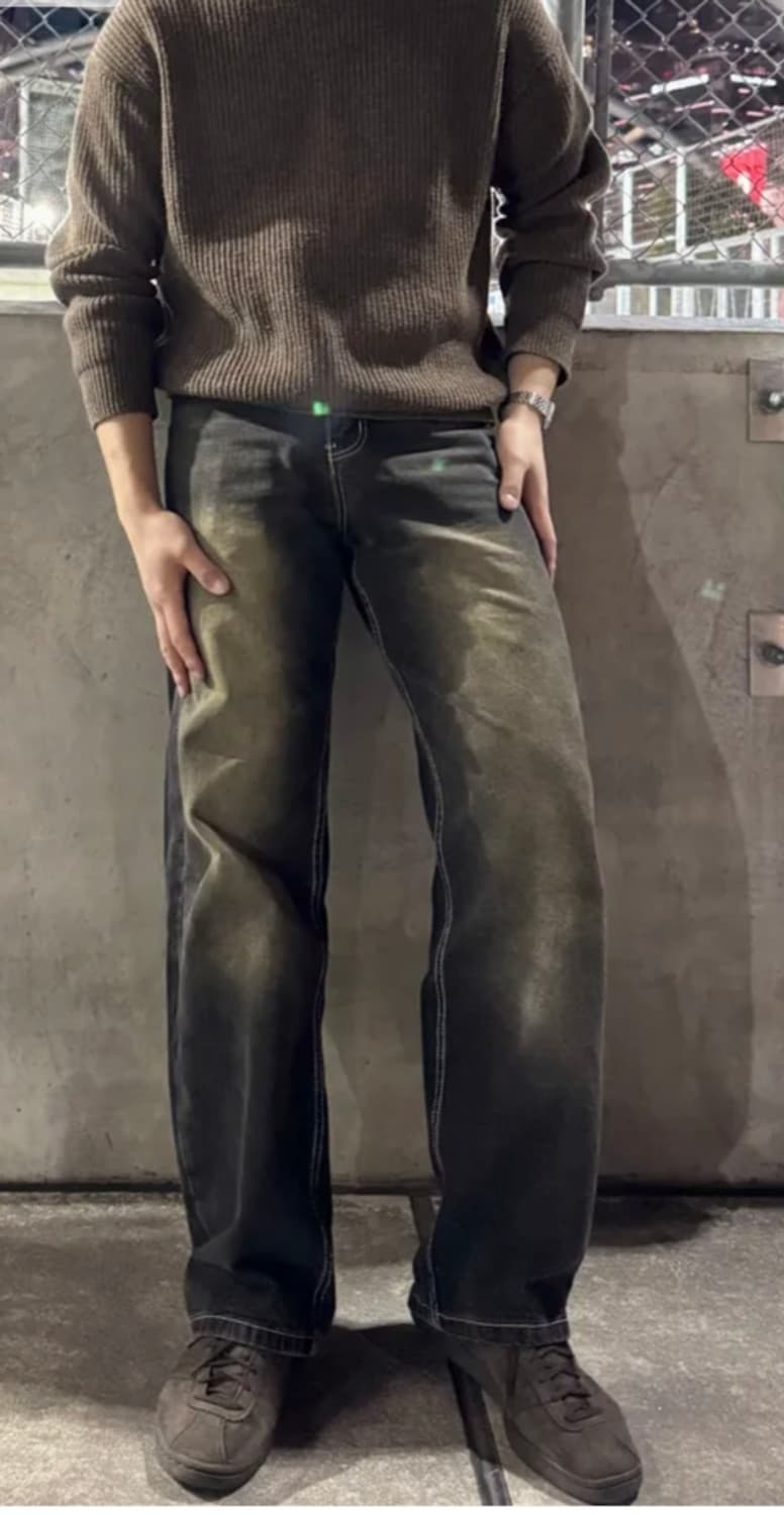 프론트 워싱 와이드 데님 팬츠 (YELLOW BLACK) 상품이미지1