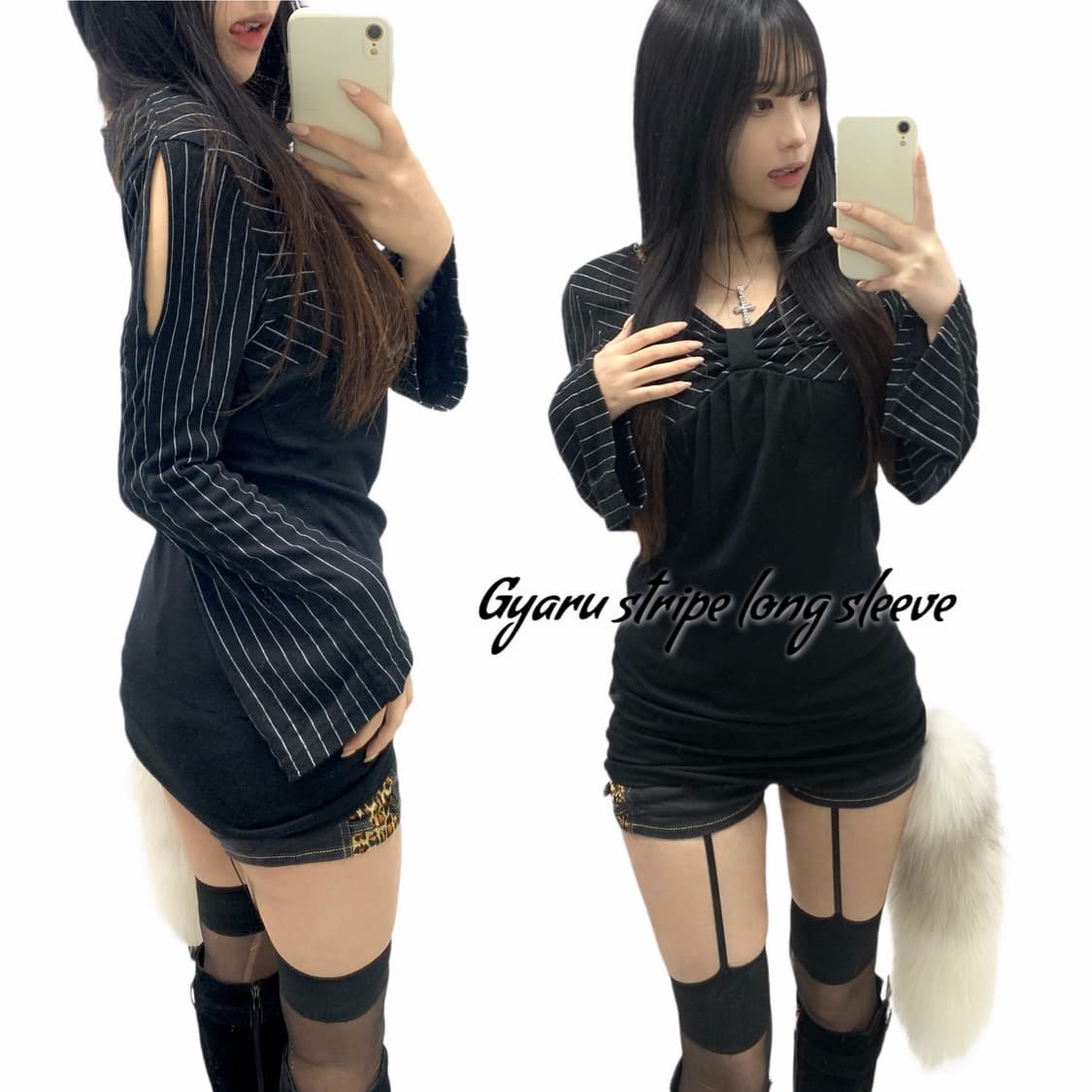 [PICISCASE] 오네갸루 트임 리본 스트라이프 롱슬리브 상품이미지1