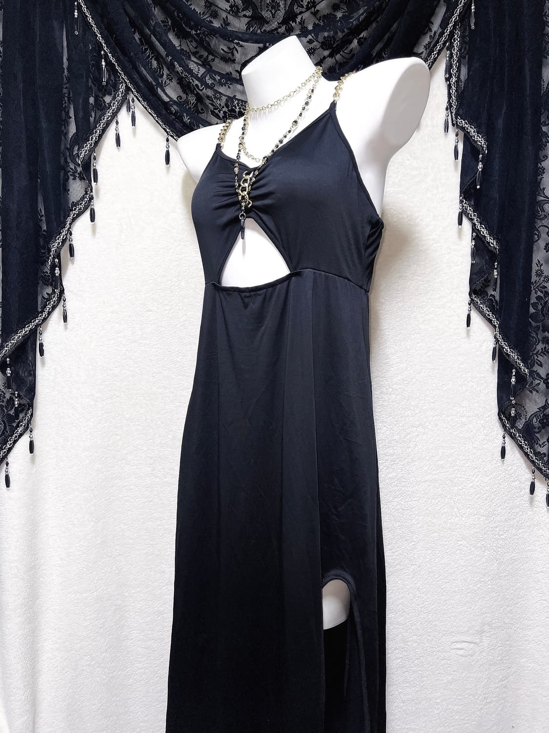 오네갸루 로맨틱고딕 고스펑크 금장체인 블랙 롱드레스 트임원피스 섹시 코스 상품이미지1