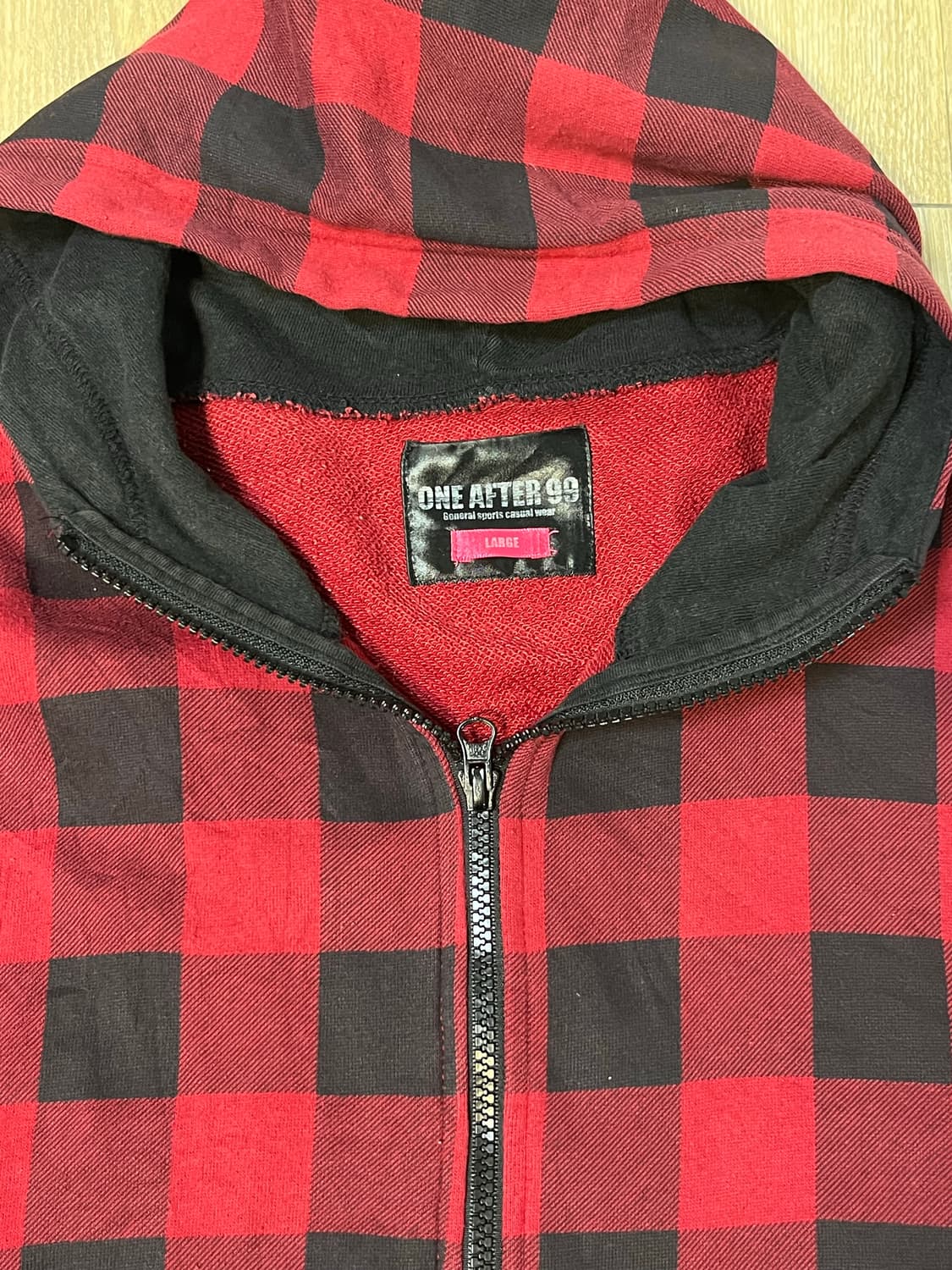 One after99 레드 체크 후드집업 상품이미지8