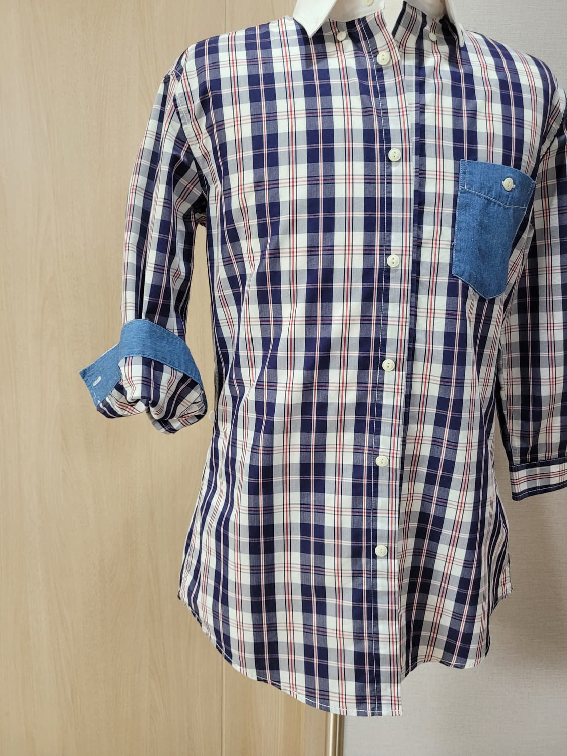 캘번 KELBURN 남자 7부 체크 셔츠 105 네이비 상품이미지4