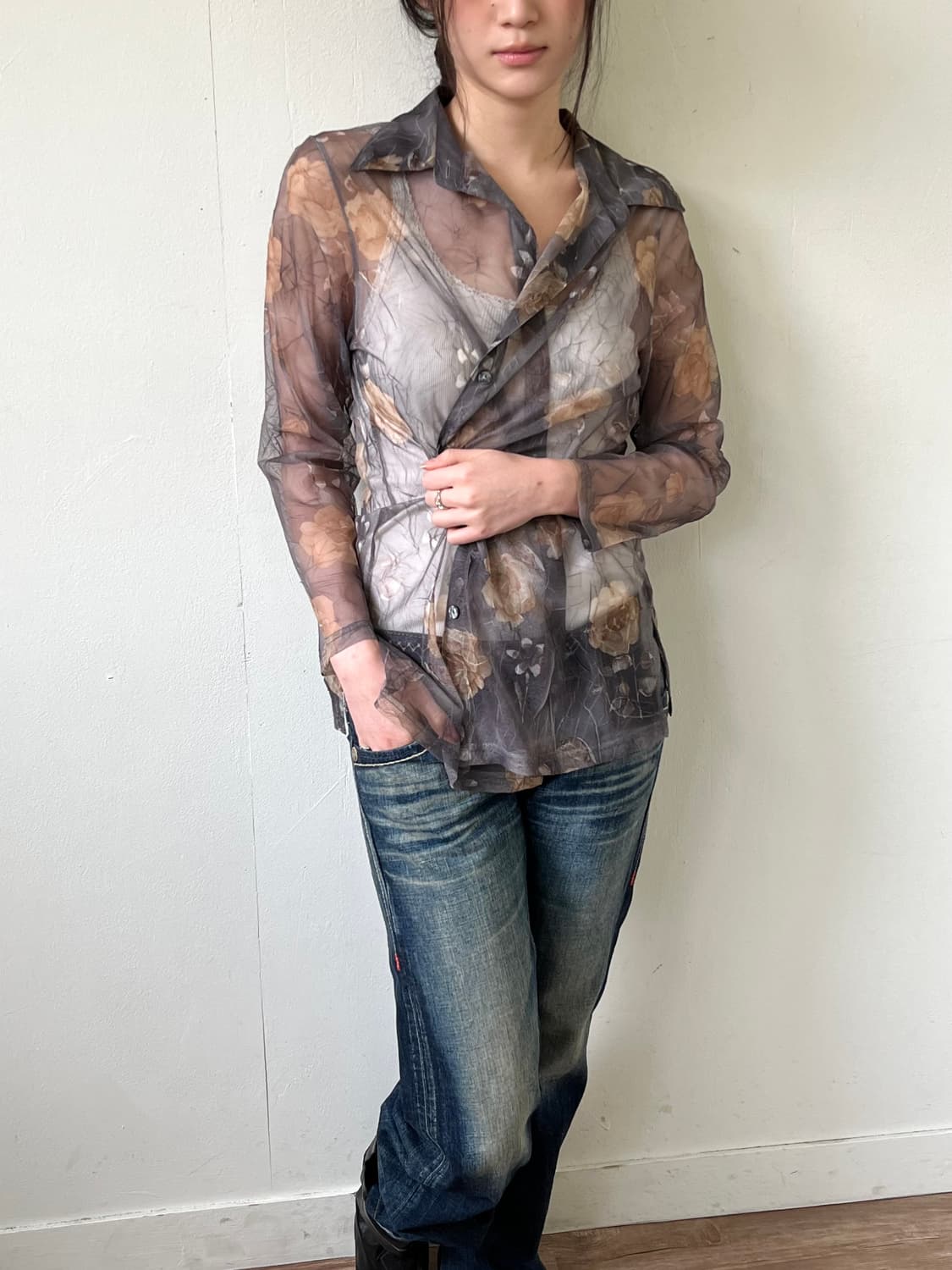 Japan vtg 플라워 시스루 셔츠 상품이미지6