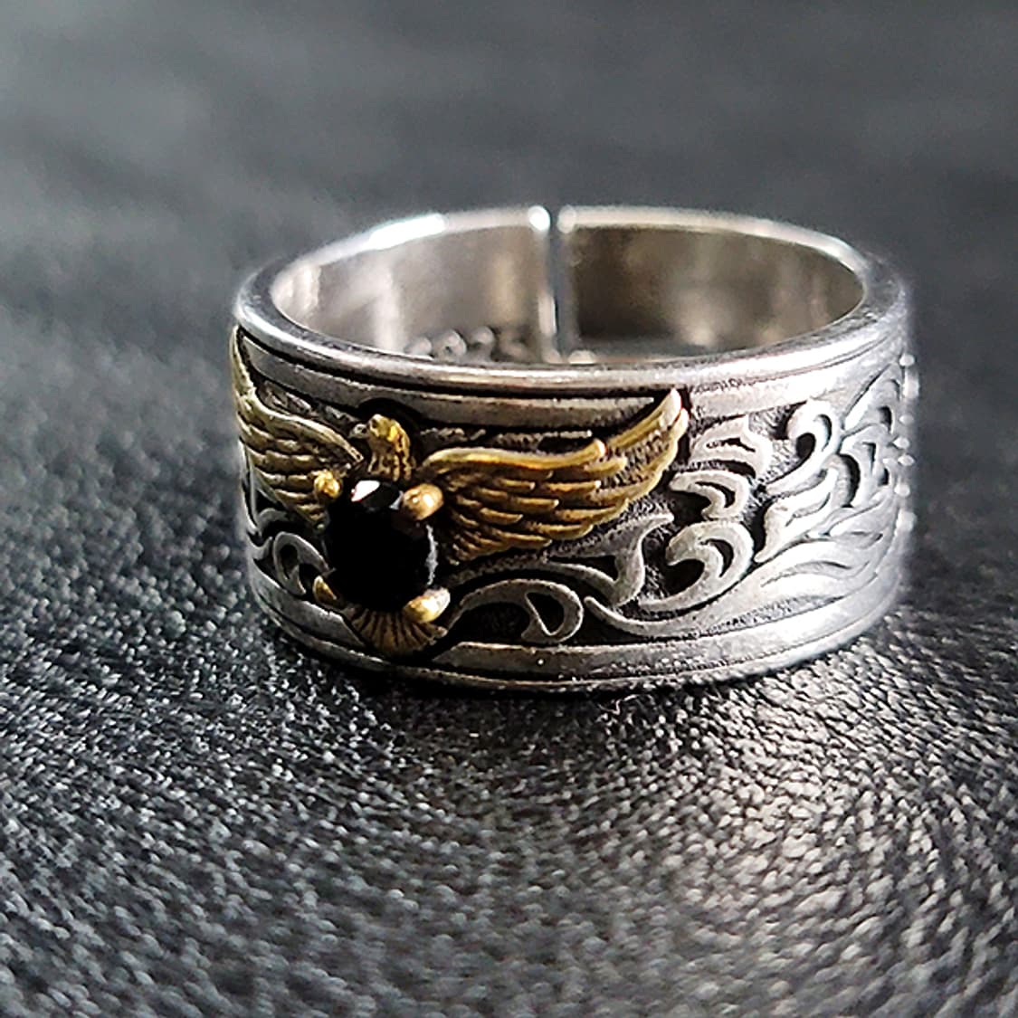 Ecliptor 실버 남자 엔틱 빈티지 명품 흑요석 날개 독수리 반지 상품이미지3