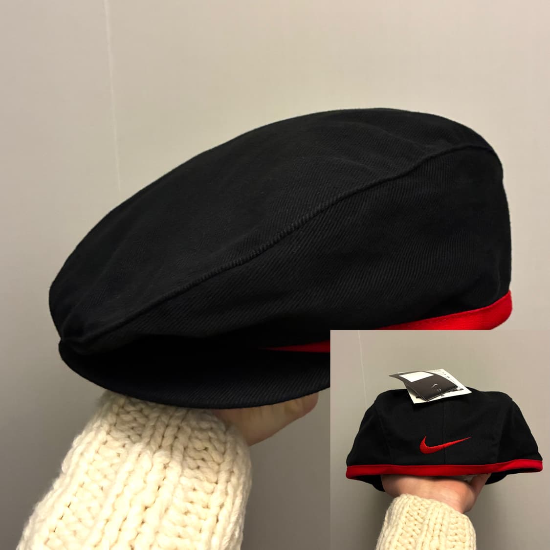 (M)90s 나이키 스포츠 코튼 빈티지 베레모 캡 모자 블랙레드 상품이미지1