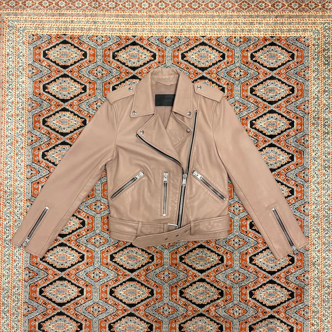 올세인트 핑크베이지 새끼양가죽100 바이커 가죽자켓 US2 상품이미지1