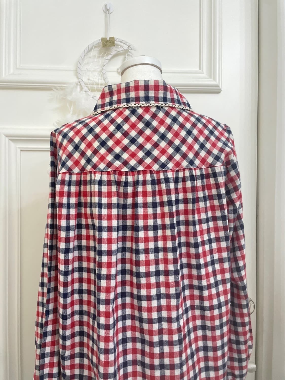red navy check mori shirring loose shirt 상품이미지4