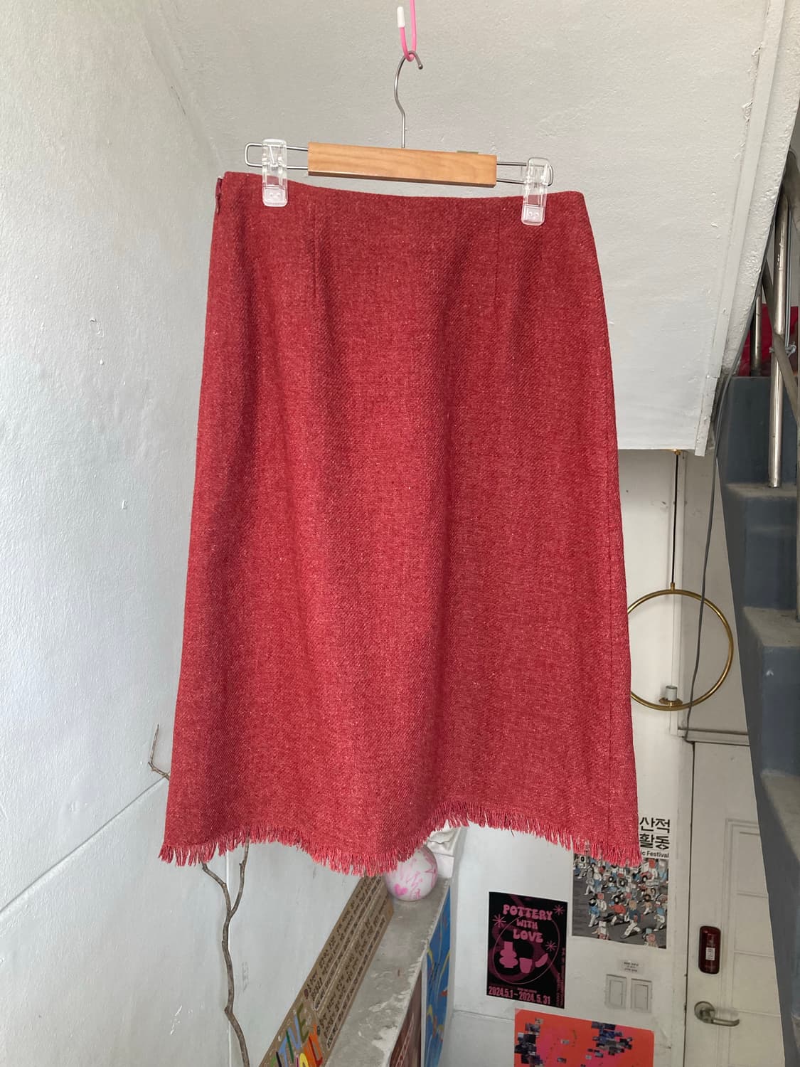 울 프린지 버건디 미디 스커트 상품이미지4