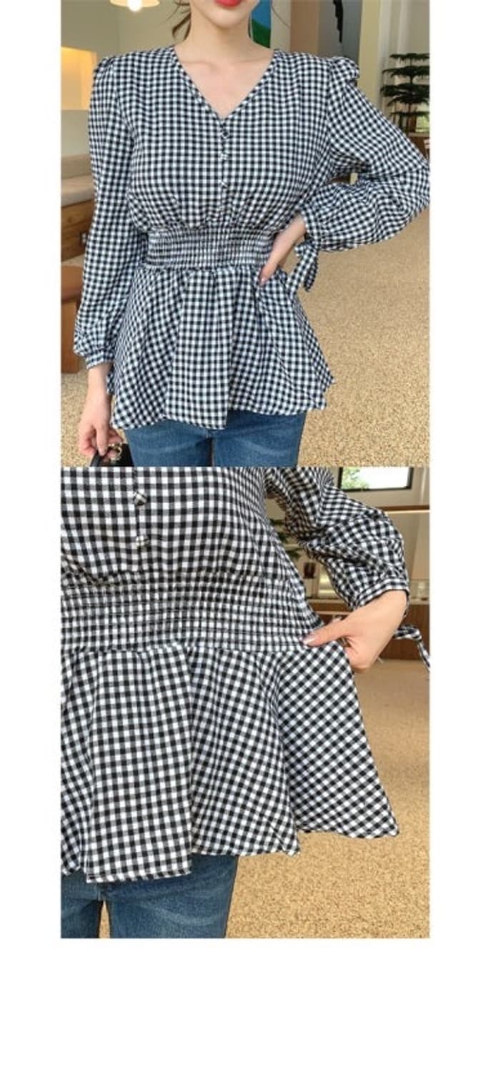 리리앤코 깅엄 브이넥 체크 블라우스 상품이미지7