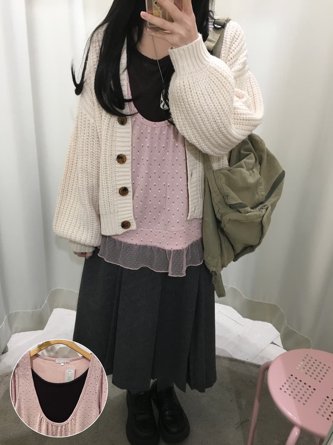 레이어드 패턴 롱슬리브 / 아이보리 버튼 가디건 상품이미지1