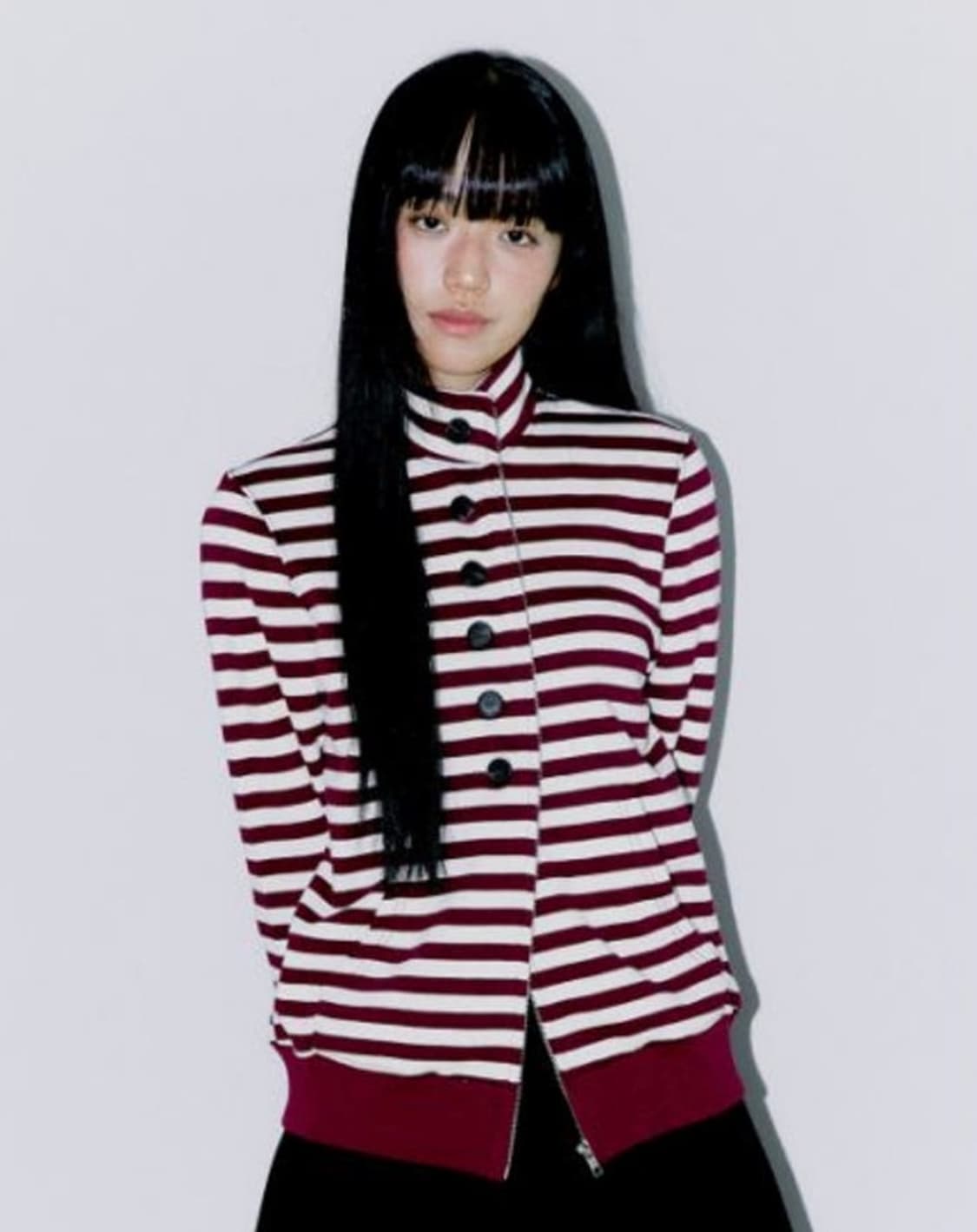 오피쉬 버튼 스트라이프 투웨이 집업 버건디 상품이미지1