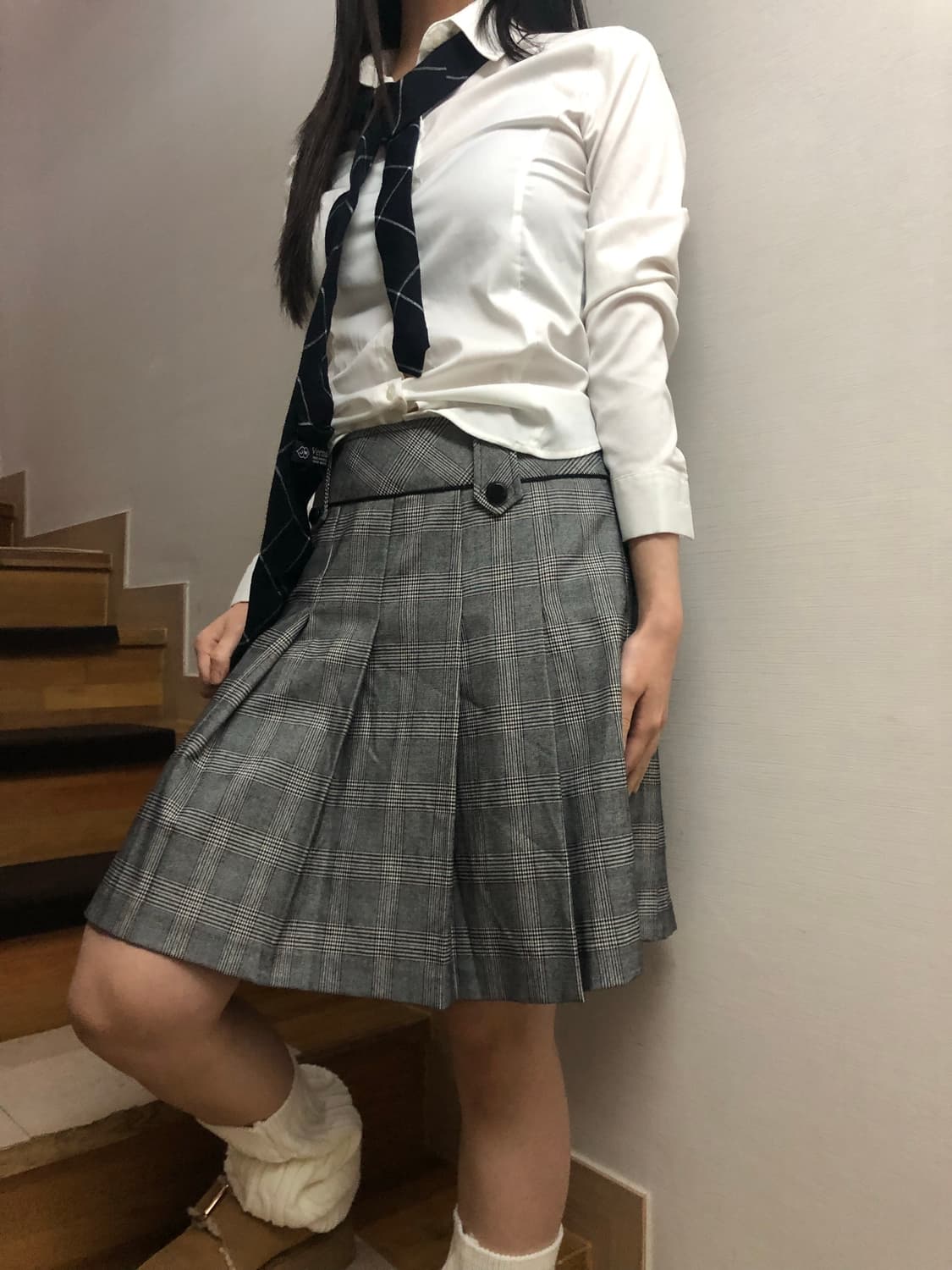 빈티지 그레이 체크 플리츠 미디 스커트 상품이미지3