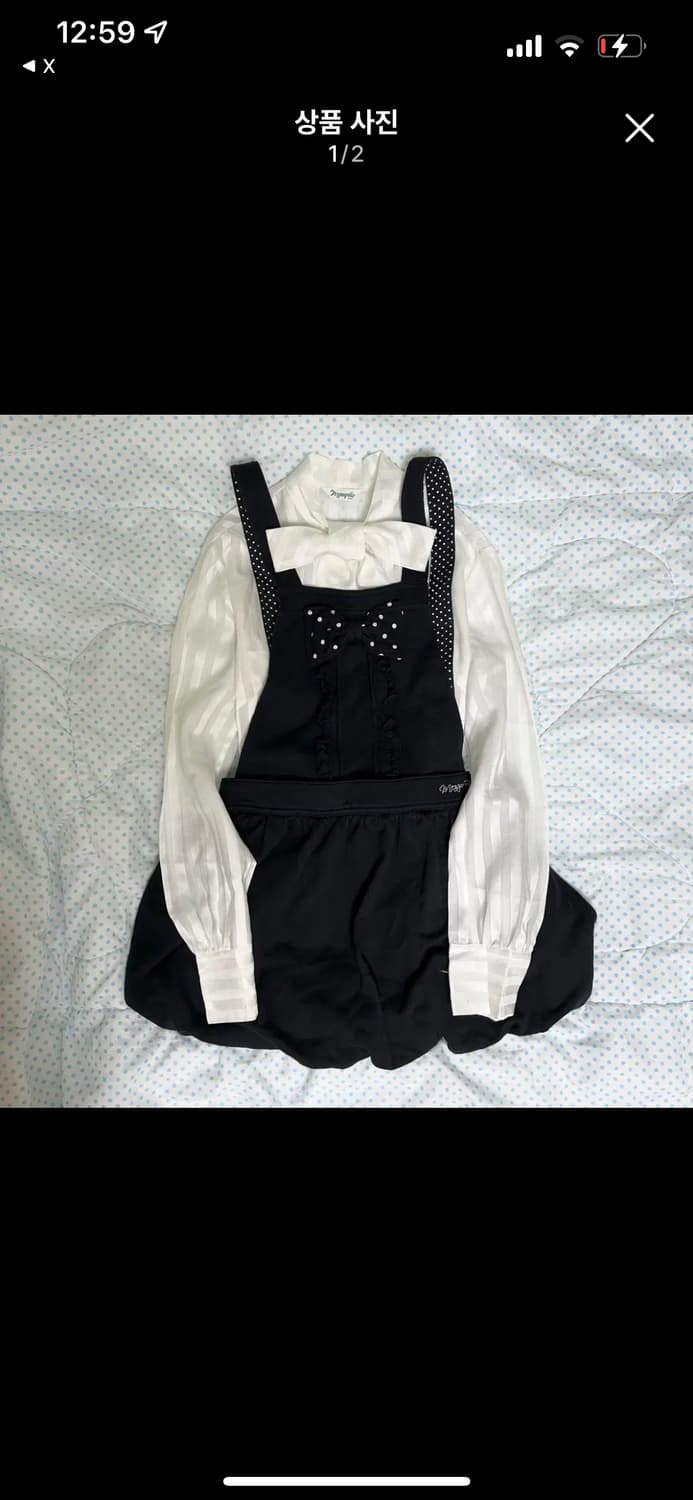 메조피아노 블랙 도트 리본 멜빵 원피스 상품이미지1