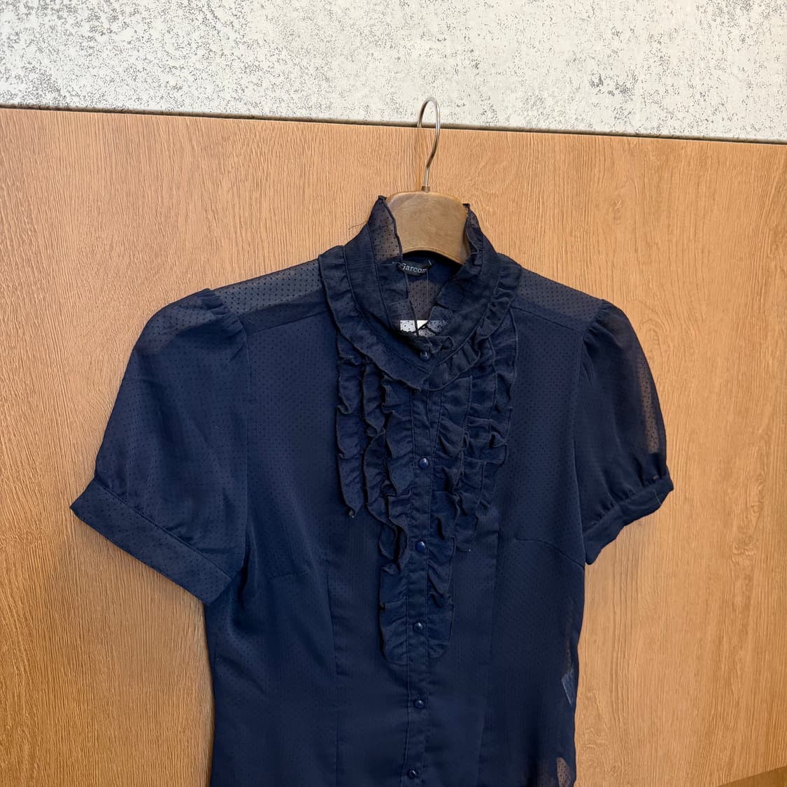 빈티지 하이넥 프릴 반팔 블라우스 도트 시스루 디테일 네이비 상품이미지3