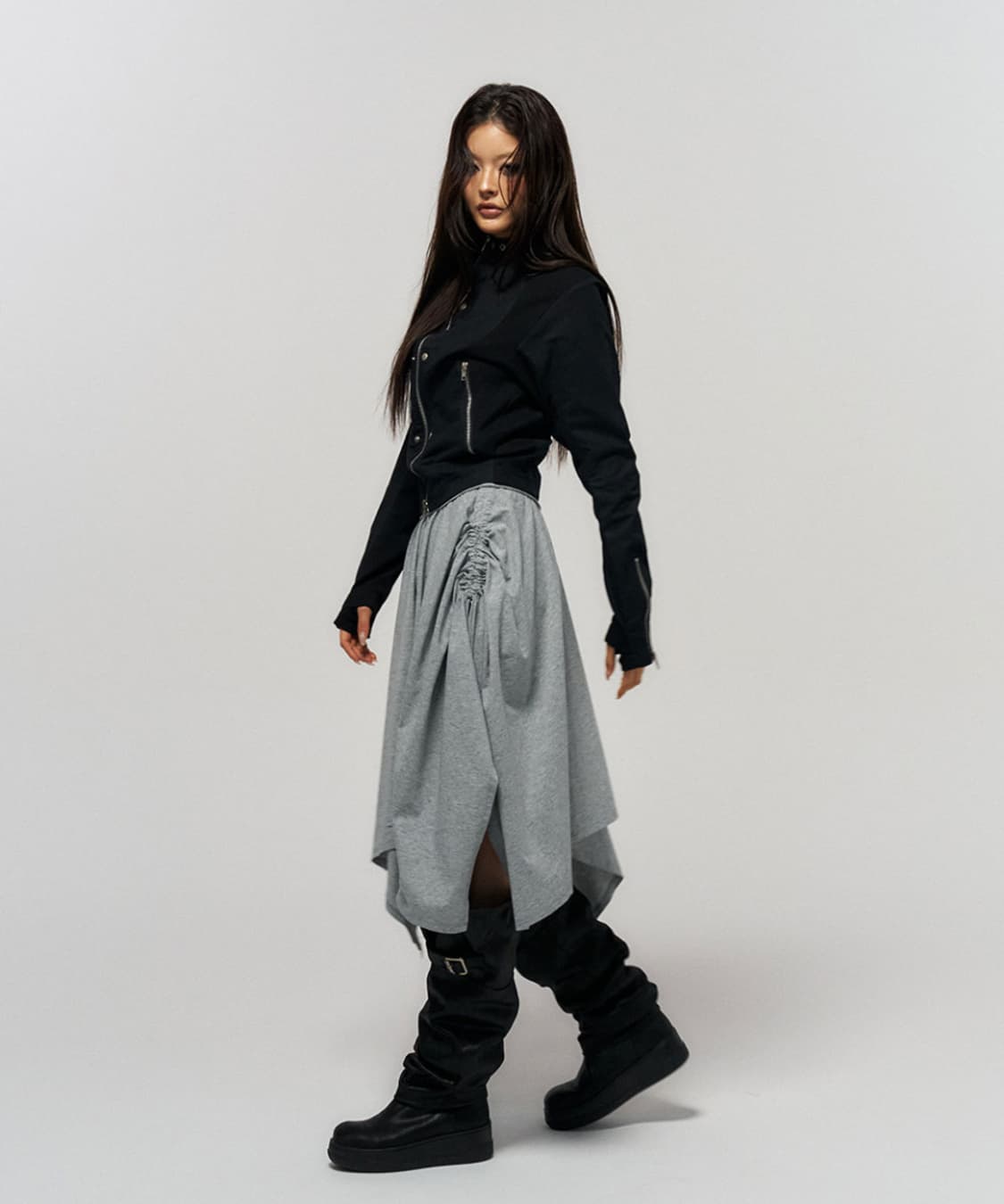 스키즘 인듀싱 ASYMMETRICAL HEM MIDI SKIRT GREY 상품이미지5