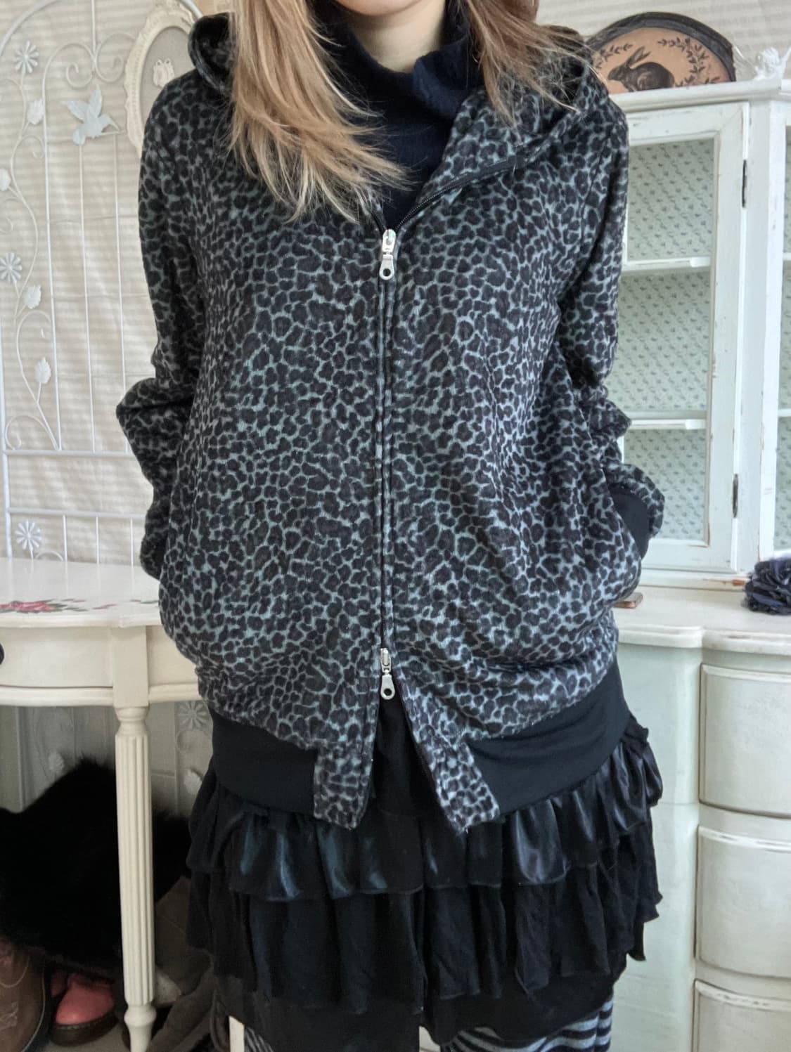 일본빈티지 차콜 레오파드 퍼 후드 집업 상품이미지1