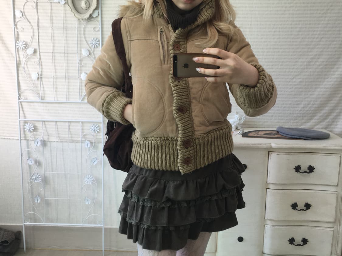 빈티지 카멜 퍼 후드 코듀로이 패딩 점퍼 상품이미지2