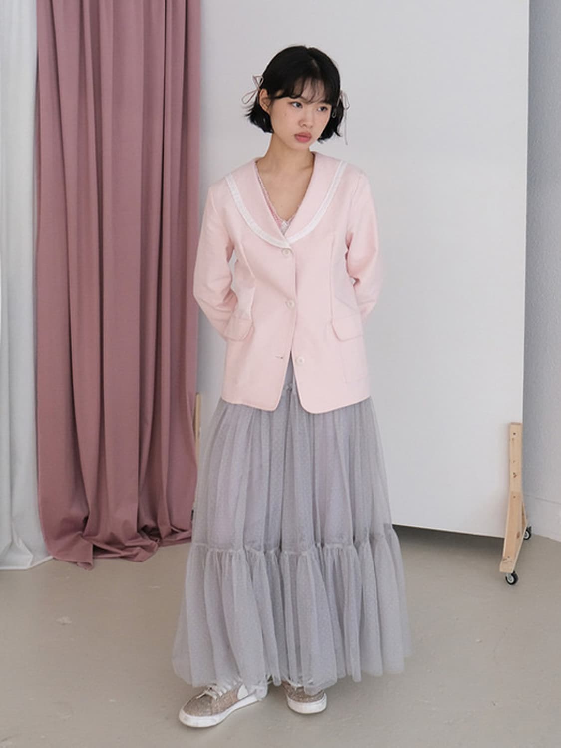샤키리 로지 세일러 레이스업 자켓 + 보우 포켓 셔츠 핑크 상품이미지1