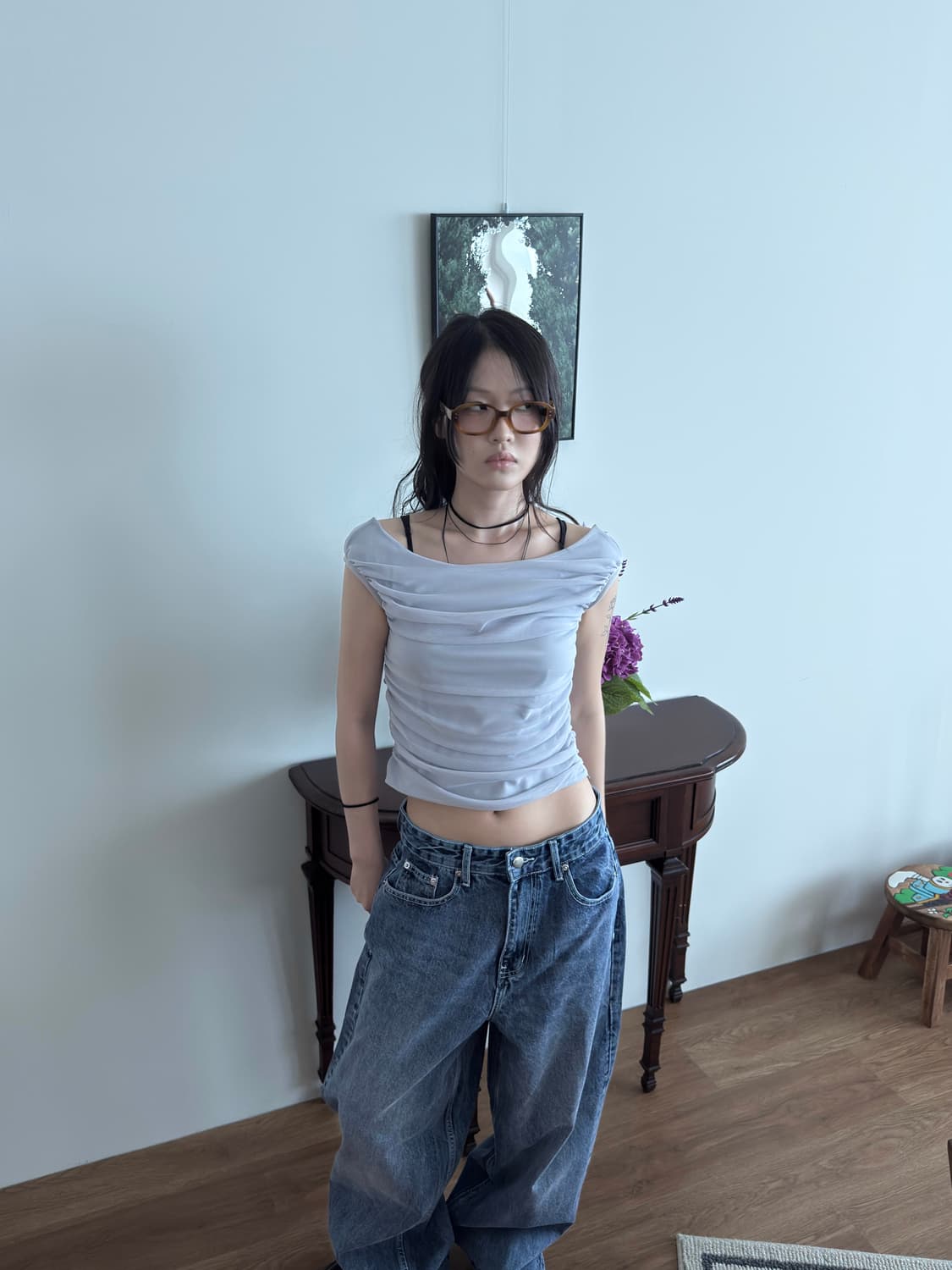 리버시블 셔링 오프숄더 티셔츠 블라우스 라이트블루 상품이미지2