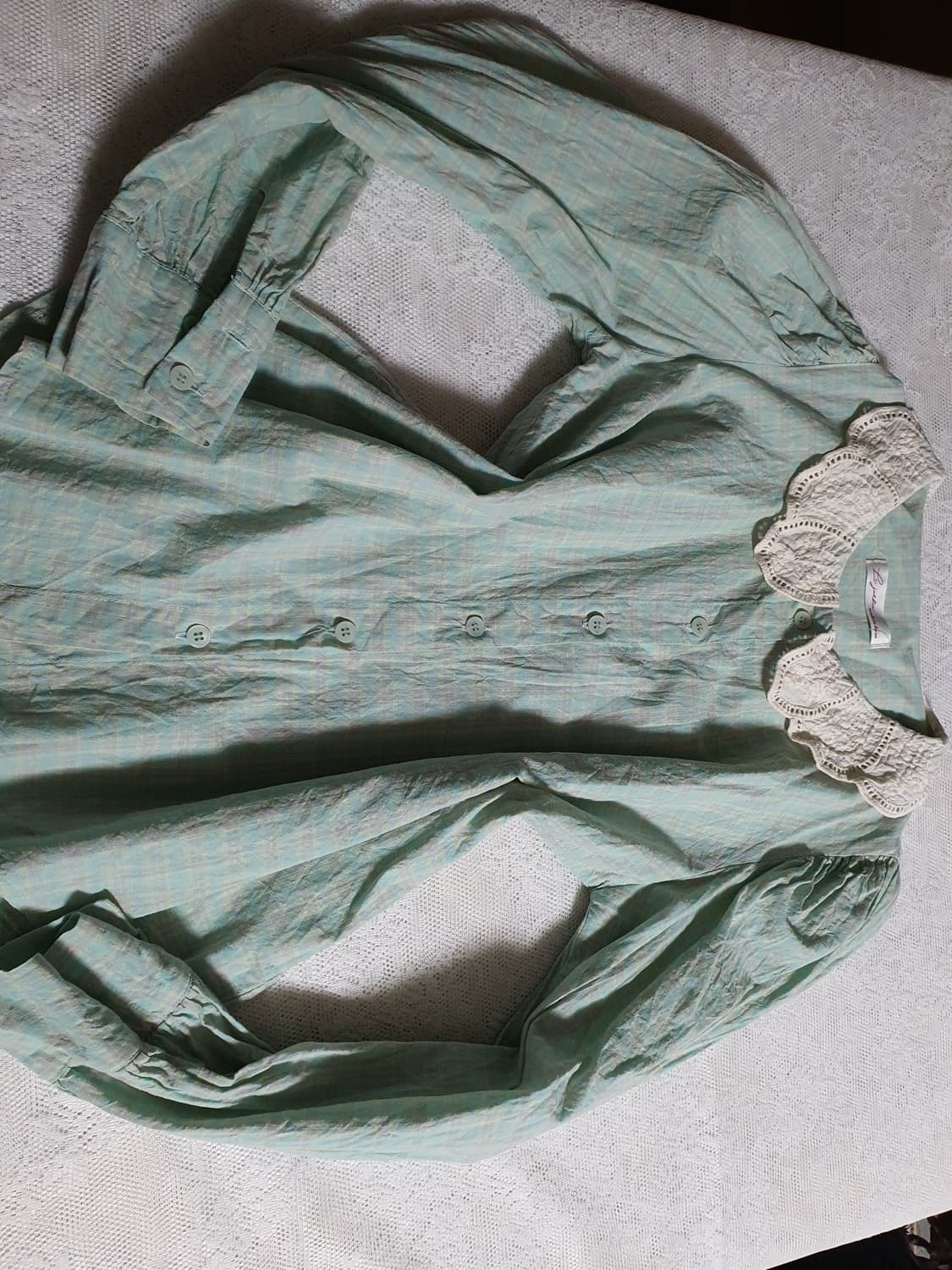 [빈티지] 레이스 카라 블라우스 민트 체크 상품이미지6