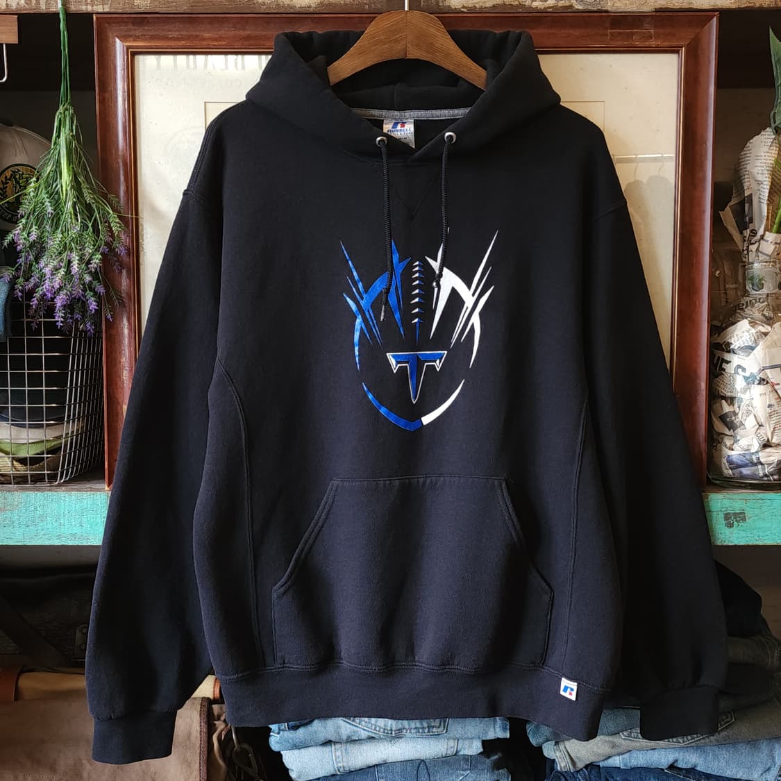 90s 러셀 후드 스웻셔츠 테슬라 미국 오리지널 빈티지 레터링 블랙 상품이미지1