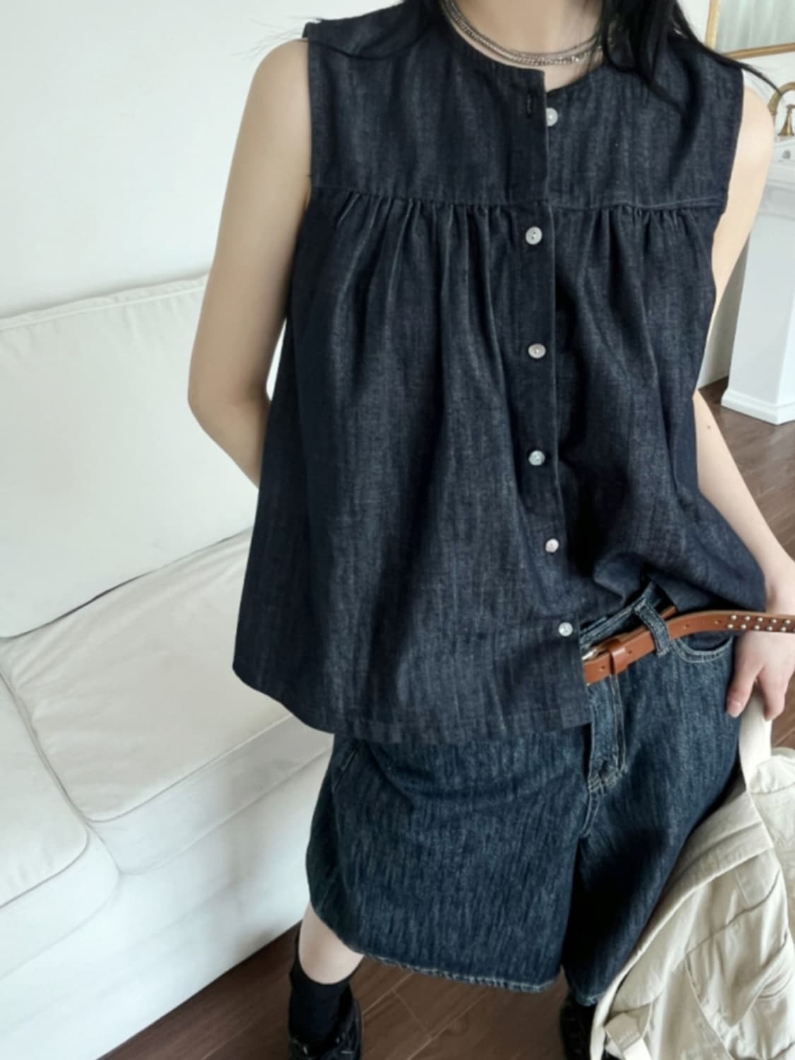 김아홉 논페이드 셔링 데님 블라우스 진청 상품이미지3