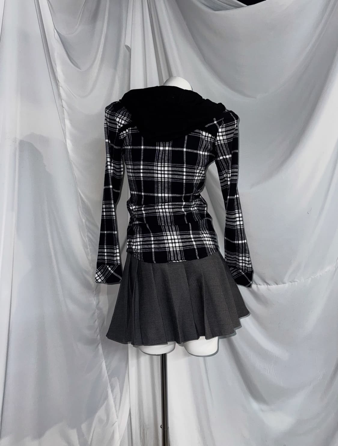 사와코깔 트랄라라 체크 무채색 니혼진 떡볶이 퍼 후드 코트 코디세트 상품이미지5