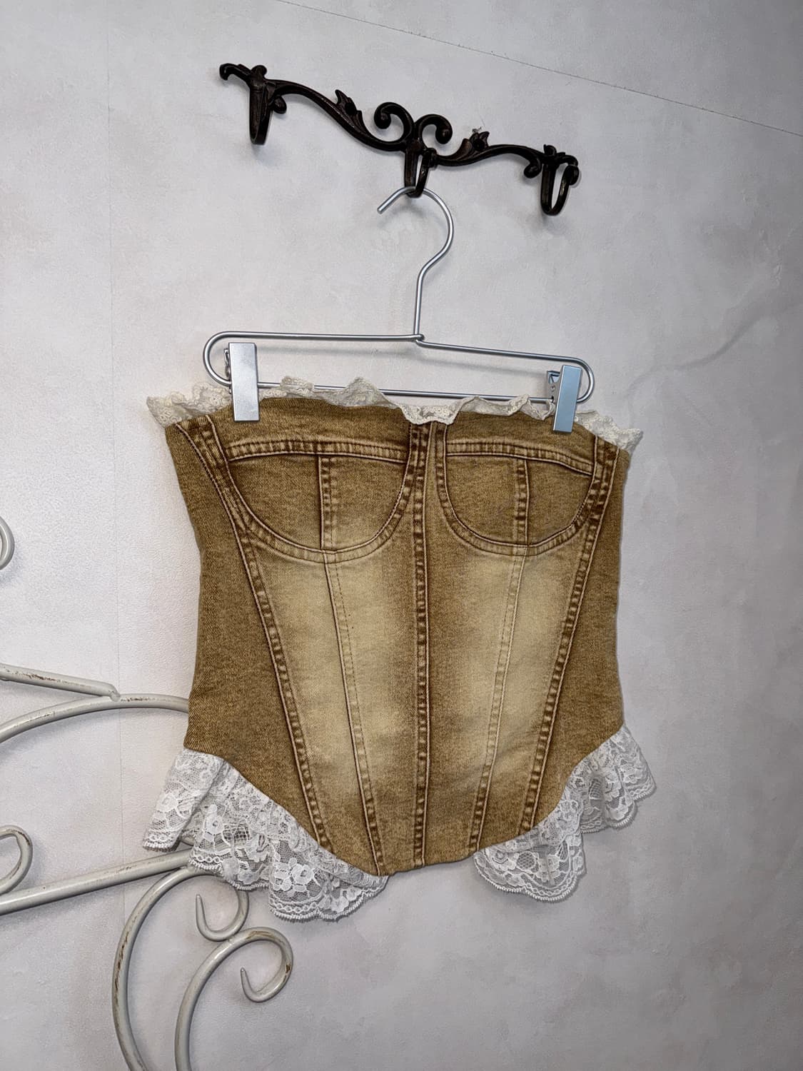 Washing beige denim lace tube top 상품이미지5