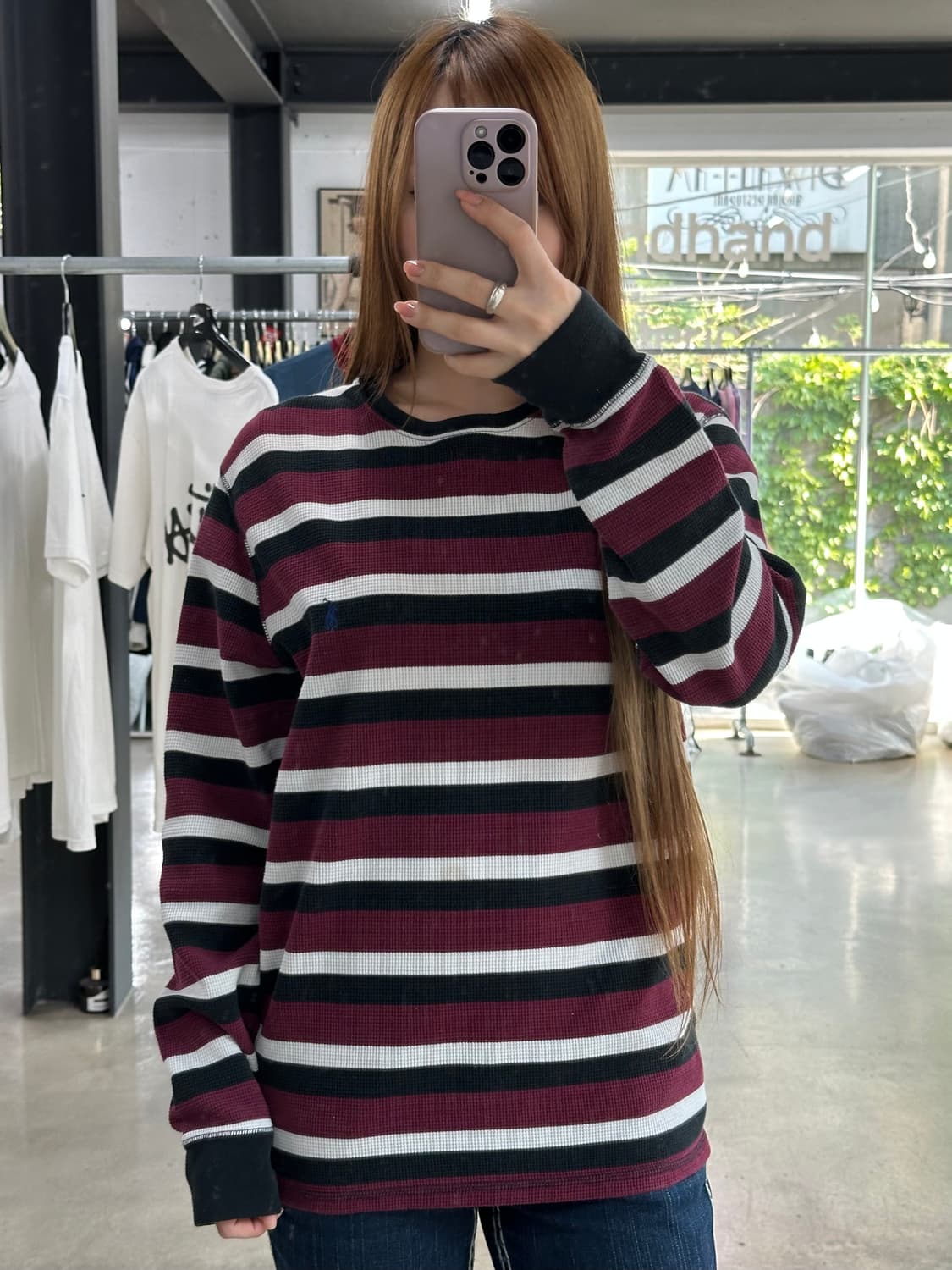 폴로 스트라이프 와플 롱슬리브 버건디 상품이미지1