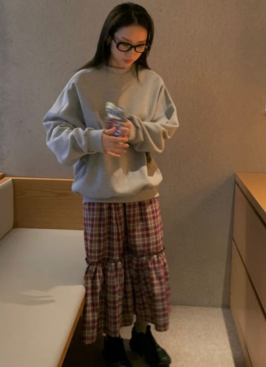 블렘토 체크 프릴 롱 스커트 버건디 상품이미지5