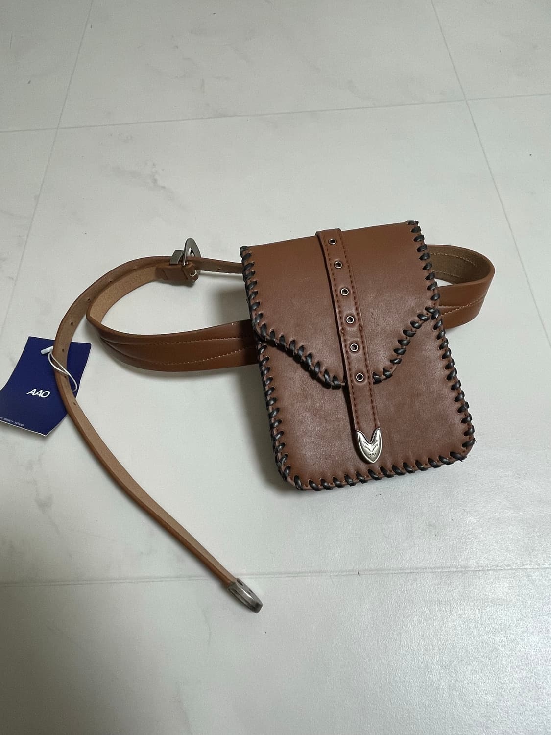 Brown leather whipstitch western belt ba 상품이미지1