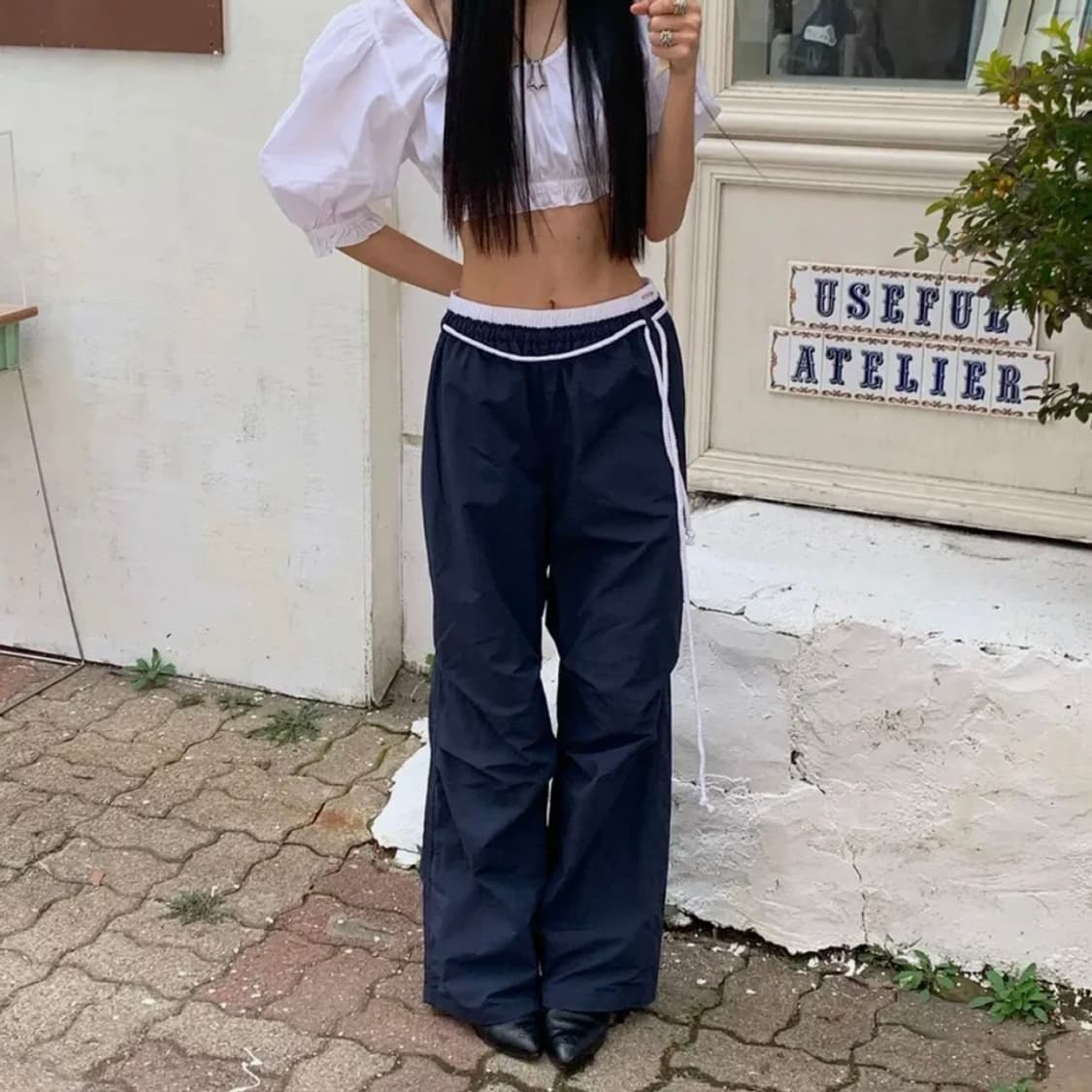 [새상품] 유희 코튼 레이어드 밴딩 와이드 팬츠 네이비 상품이미지1