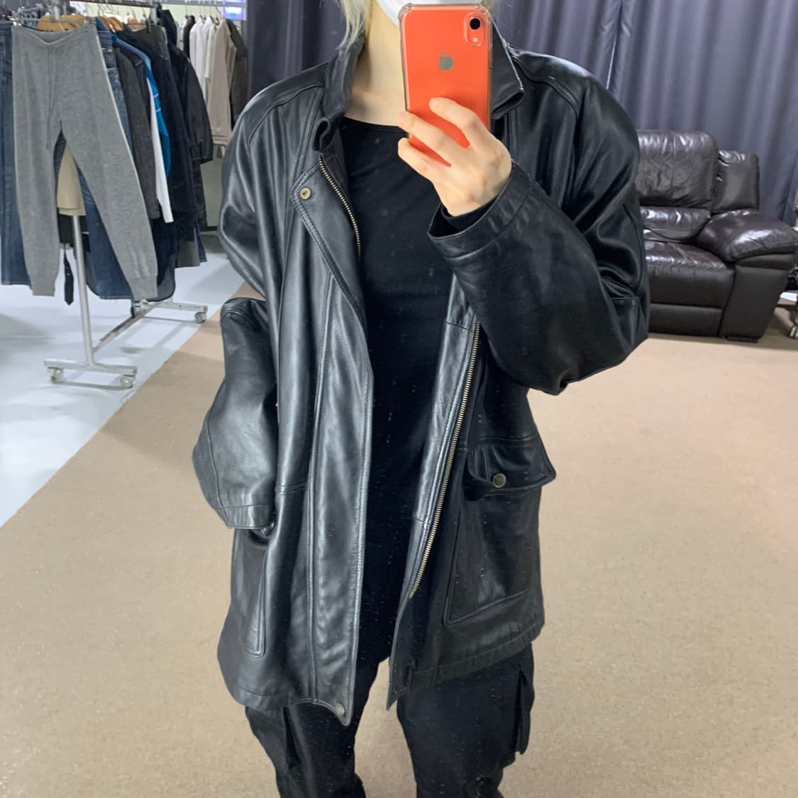 빈티지 블랙 루즈핏 양가죽 리얼레더 자켓 남성 L 남녀공용 하프코트 상품이미지1