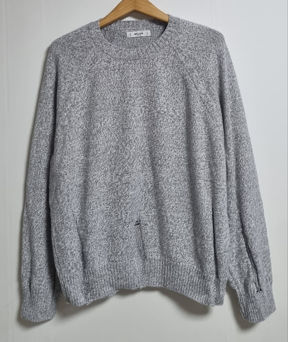 실측 오버핏 L ) 벨리에 라이트그레이 코튼 데미지 니트 상품이미지1