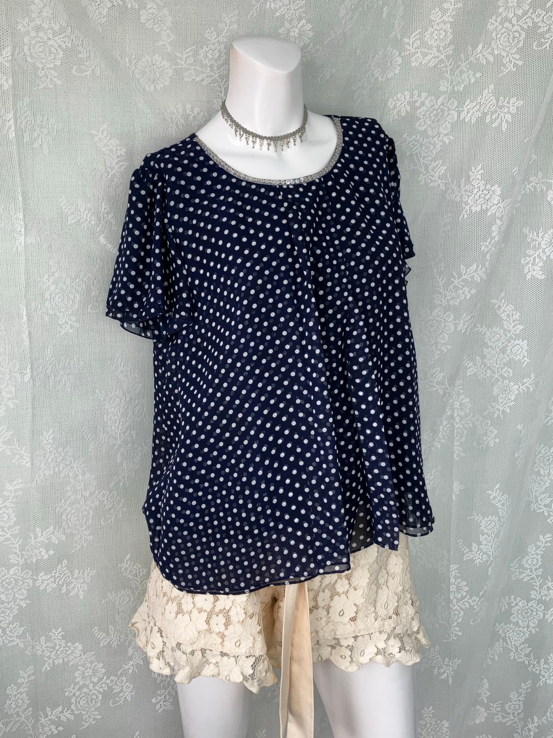 빈티지 바선생 네이비 도트 레이스 블라우스 1115 모리걸 y2k 스트릿 상품이미지2