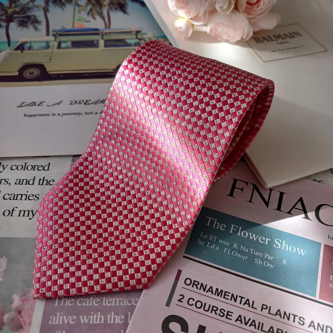 피에르 발망 실크 핑크 체크 패턴 넥타이 9.1cm A+등급 A18927 상품이미지4
