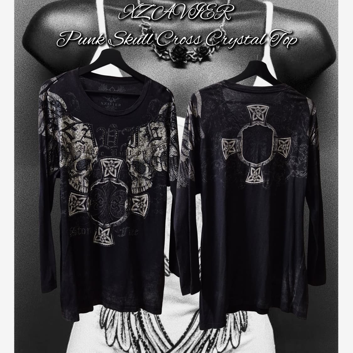 XZAVIER Punk Skull Cross Crystal Top 상품이미지1
