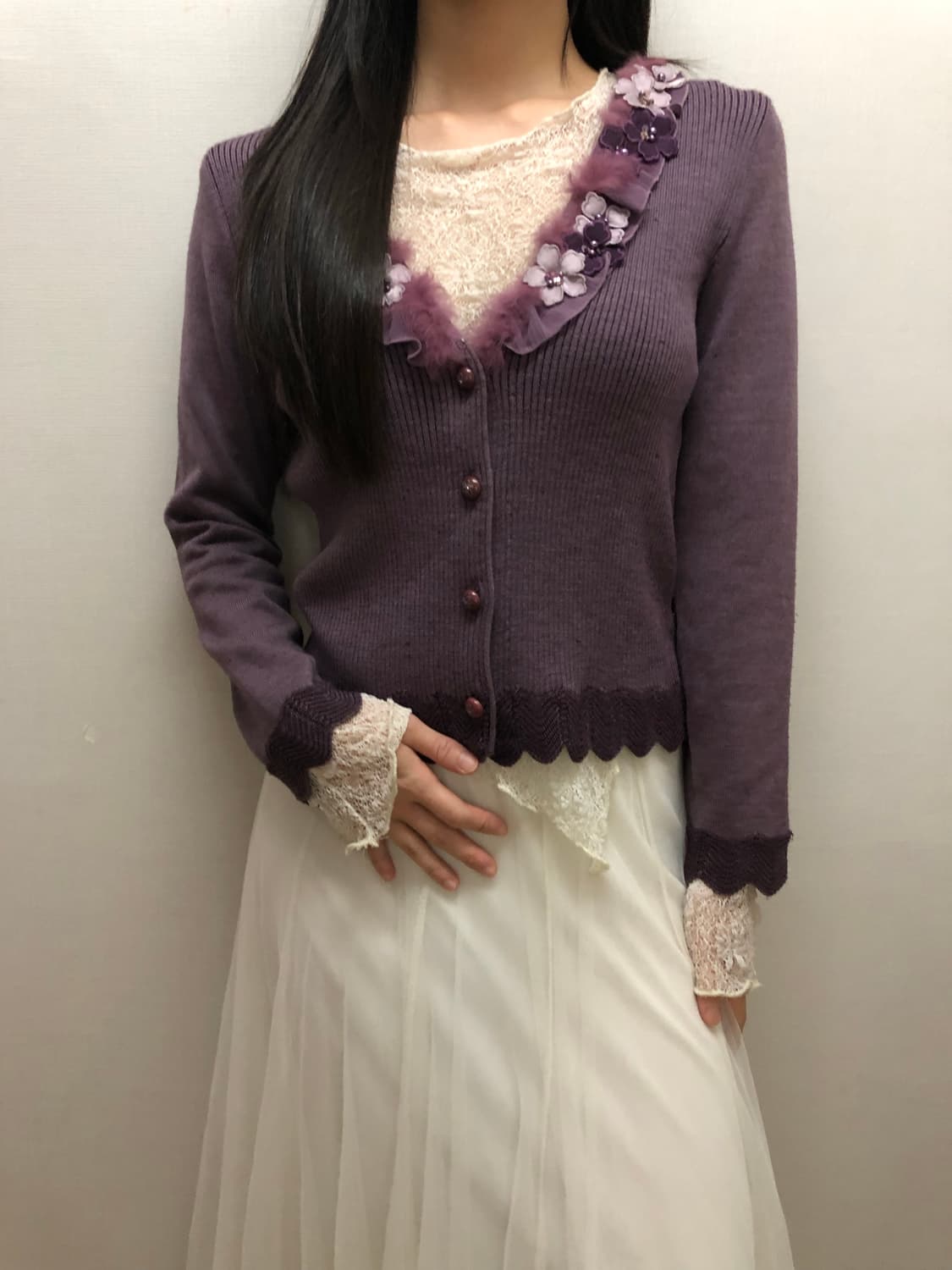 빈티지 퍼플 플라워 니트 가디건 상품이미지7