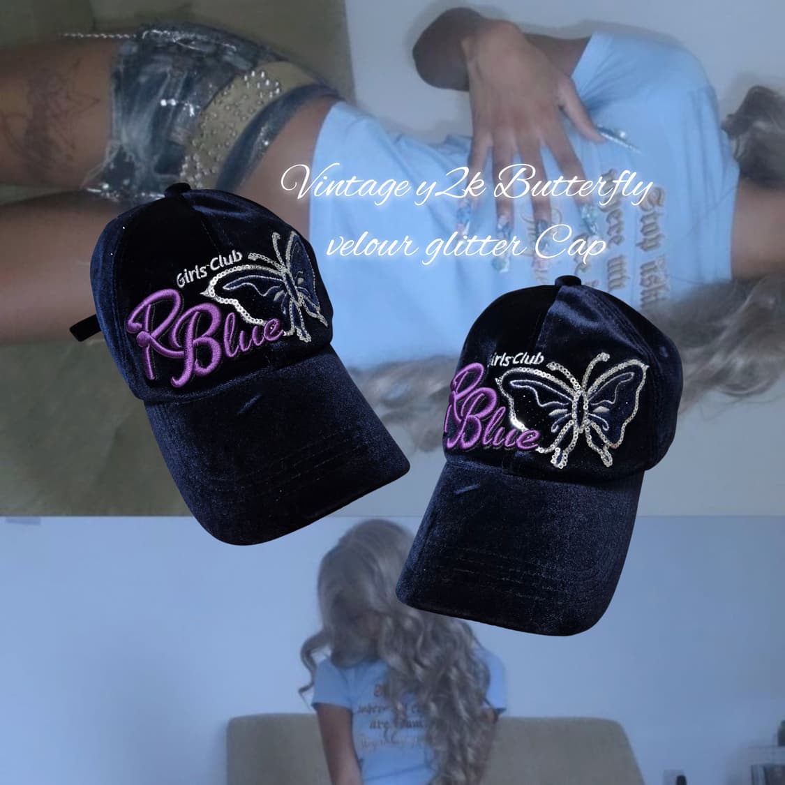Vintage y2k Butterfly velour glitter Cap 상품이미지1