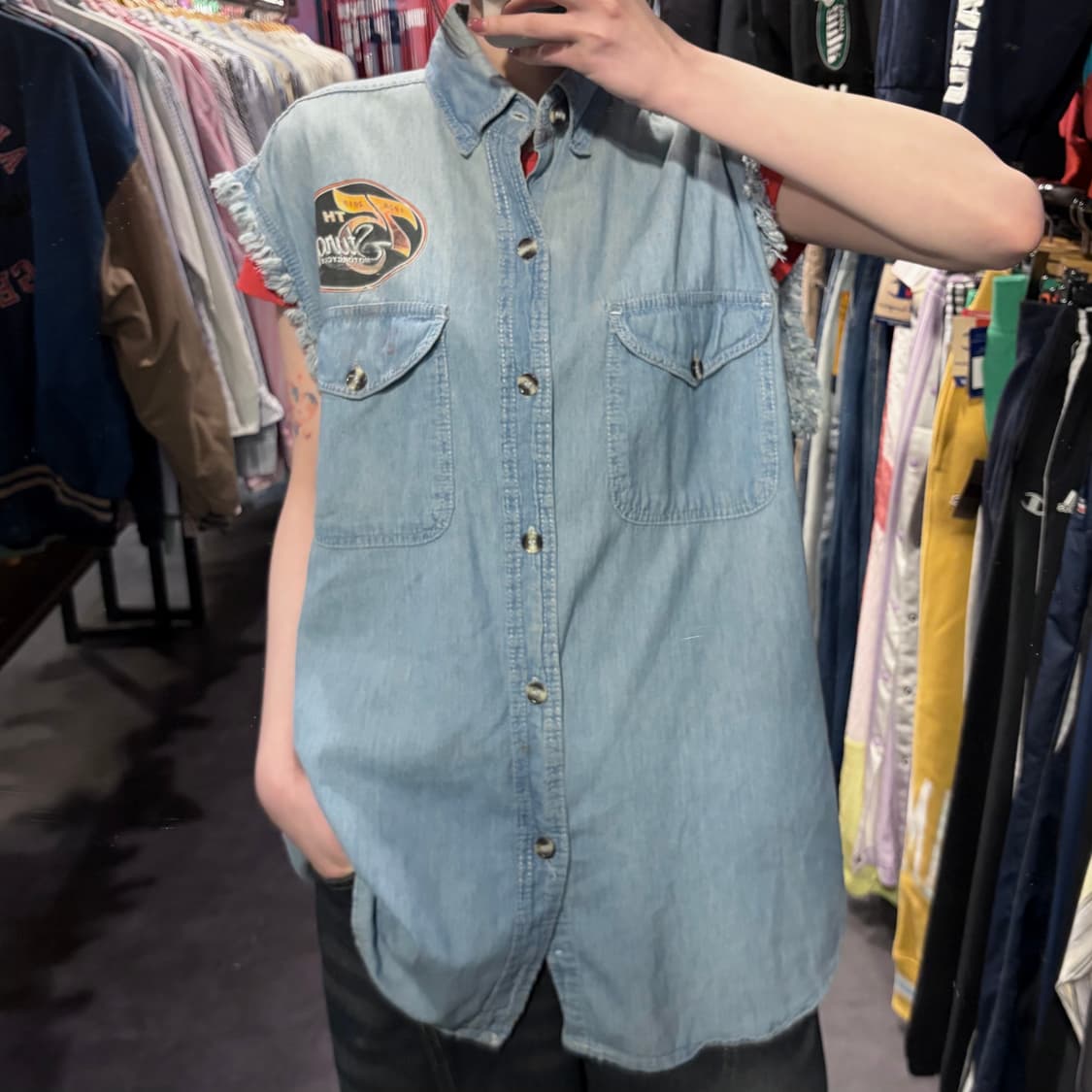 [IM] vtg 이글 프린팅 컷오프 데님 셔츠 베스트 연청 상품이미지7