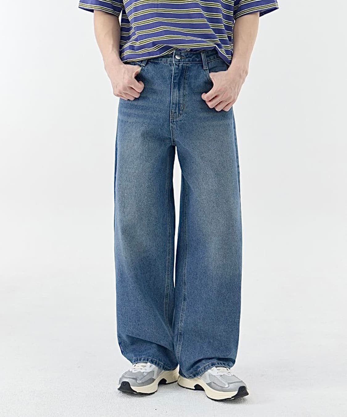 (새상품 택포가격) 배기 커브드 와이드 데님 팬츠 유니섹스 중청 XL 상품이미지1