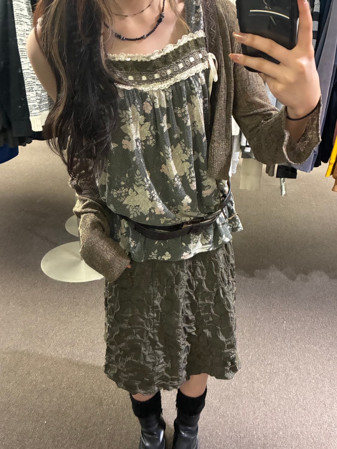 M-L)Japanese vintage 여성 퀼팅 자수 미디 스커트 상품이미지8