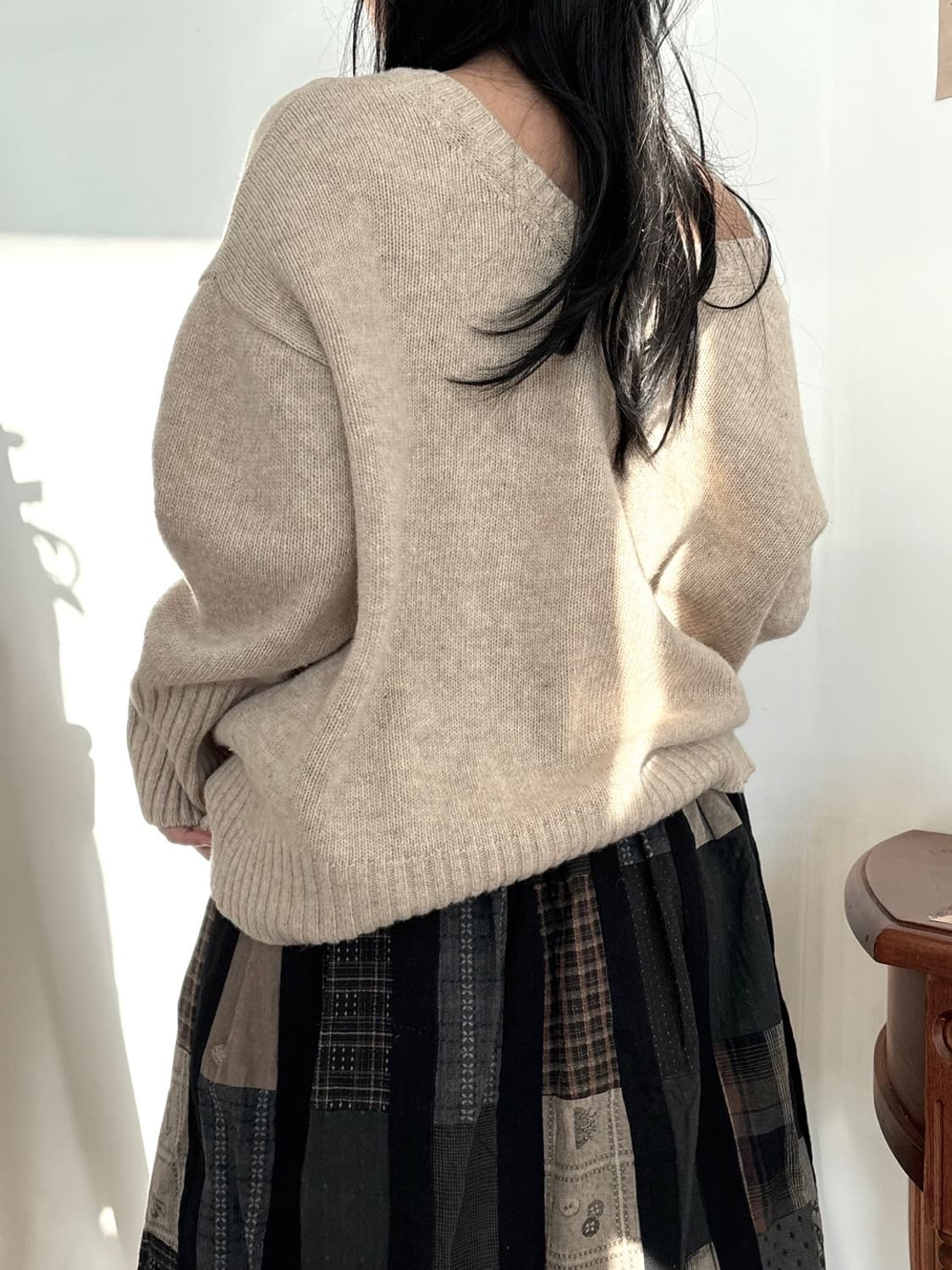 VTG 원숄더 니트 + 스티치 치마 상품이미지1