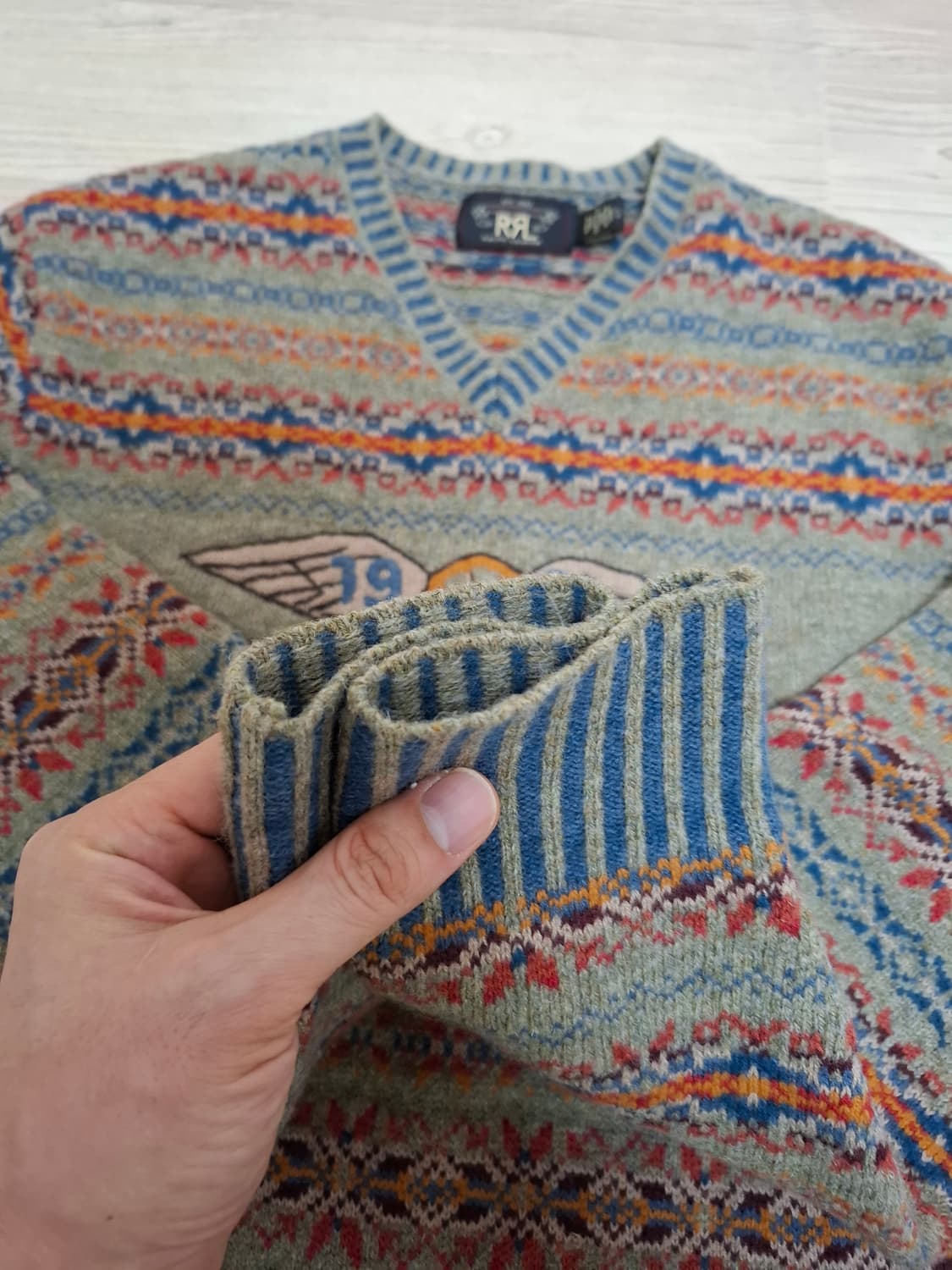 L RRL 더블알엘 페어아일 윙로고 패턴 브이넥 니트 상품이미지4