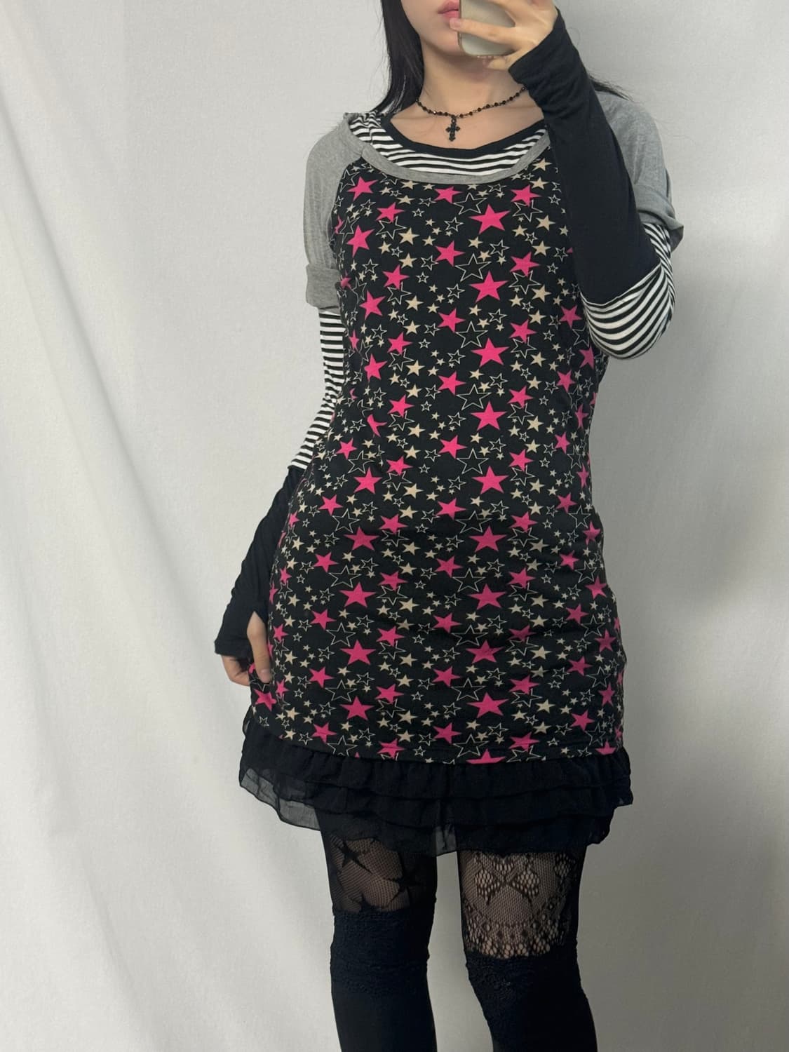 스타 패턴 래글런 후디드 원피스 상품이미지5