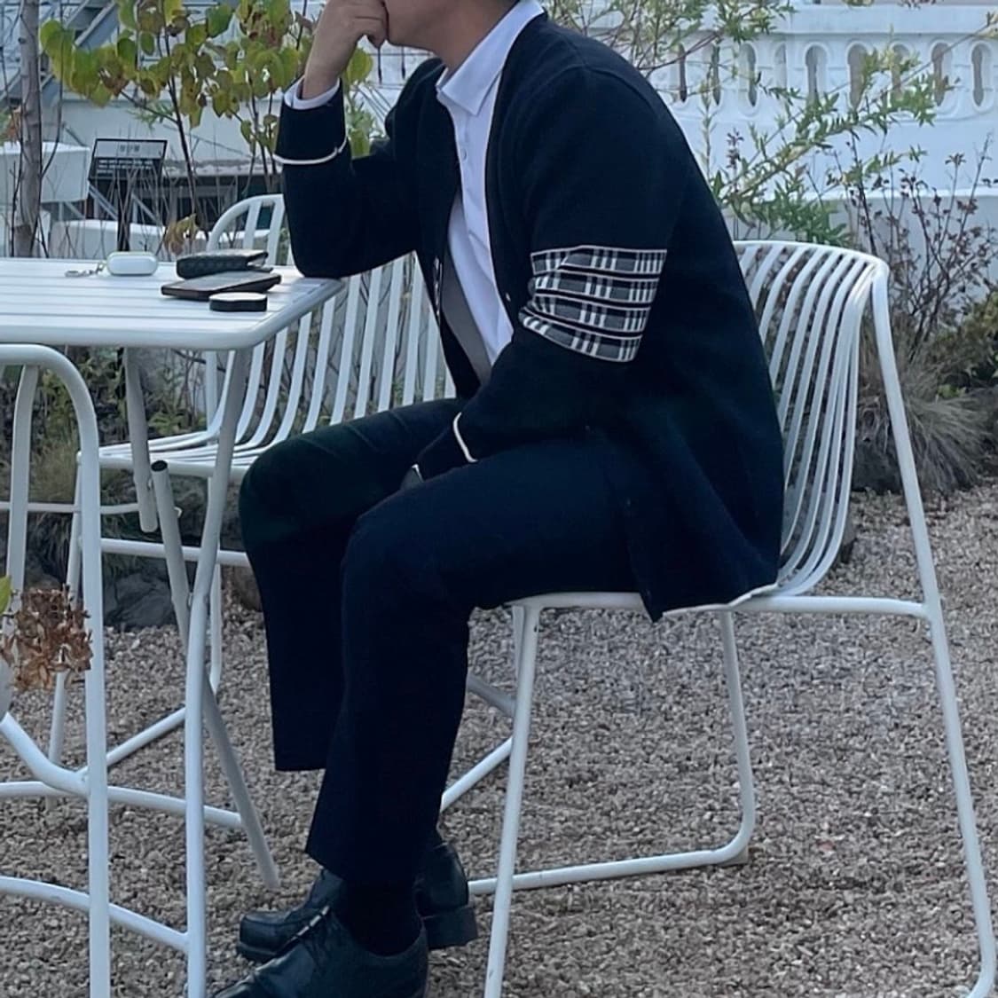 톰브라운 코튼 플레인 자카드 백 사선 가디건 네이비 상품이미지5