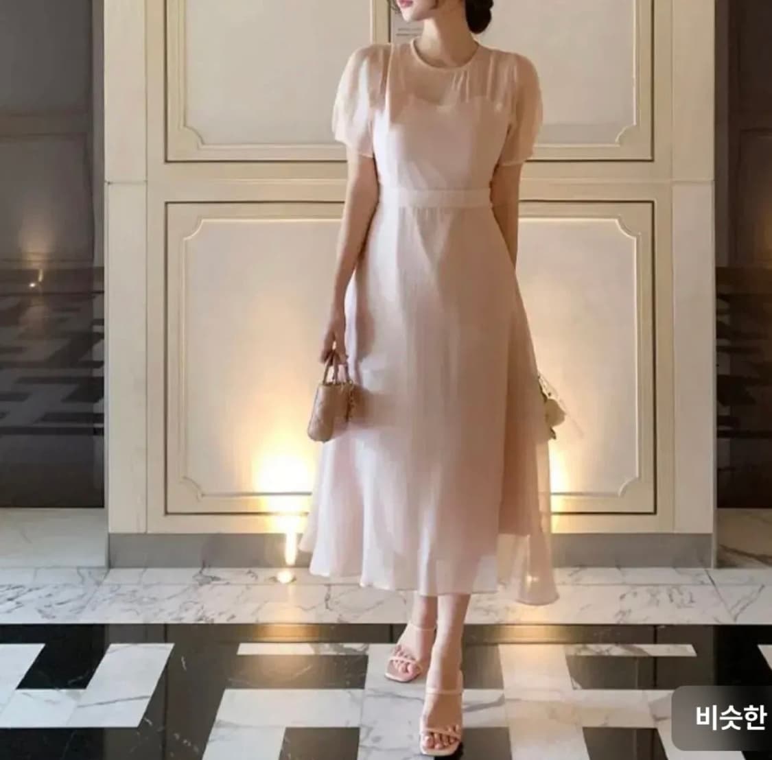 아뜨랑스 리본 오간자 반팔 롱 원피스 상품이미지2