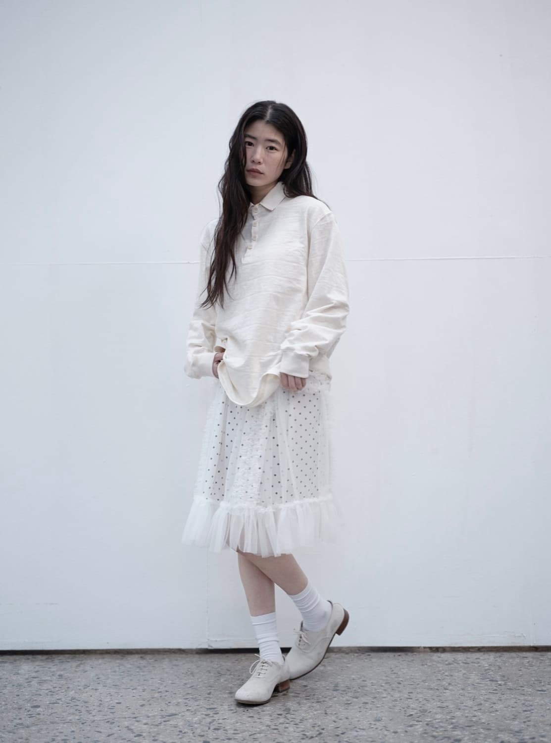 생긴스튜디오 밴딩 러플 샤 도트 스커트 상품이미지5