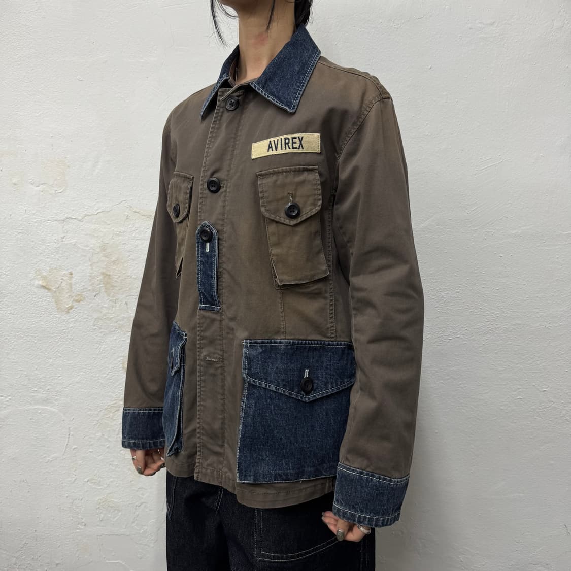 아비렉스 PX 브라운컬러 데님 패치 워크 가공 워시드 코튼 헌팅 자켓 상품이미지1
