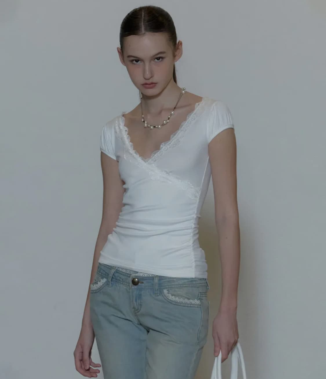 스컬프터 lace trim wrap tee white S 상품이미지1