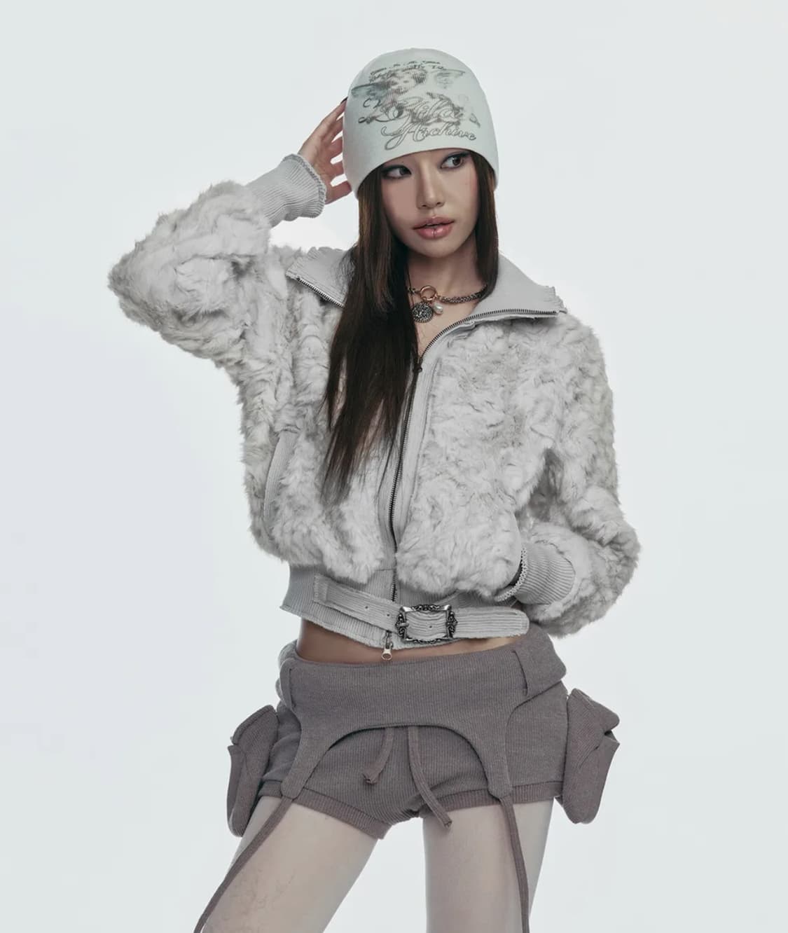 새상품) 길라아카이브 폭스 퍼 벨트 자켓 그레이 상품이미지1